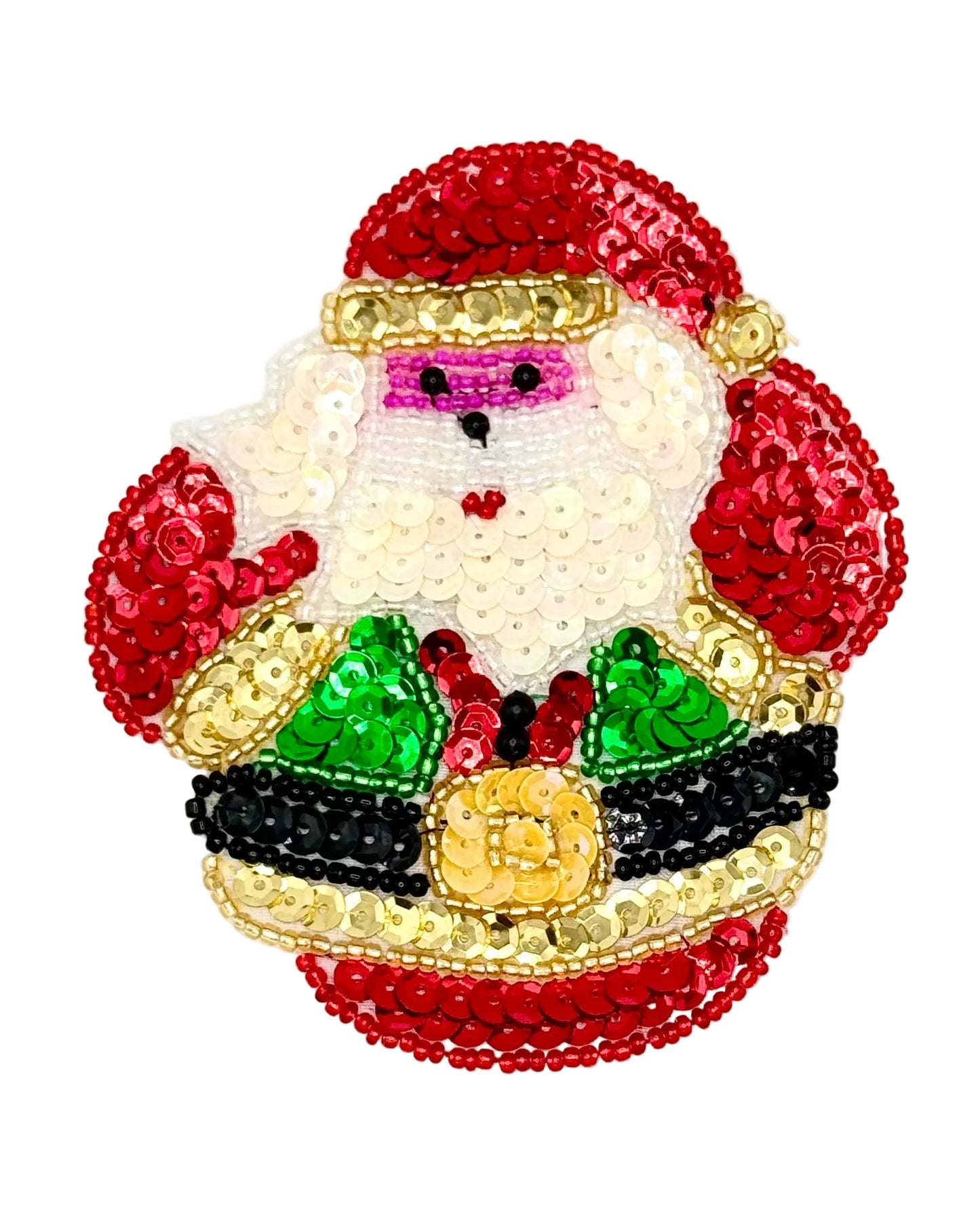 Decorative sequin patch with a beaded design of Santa Claus on a white background