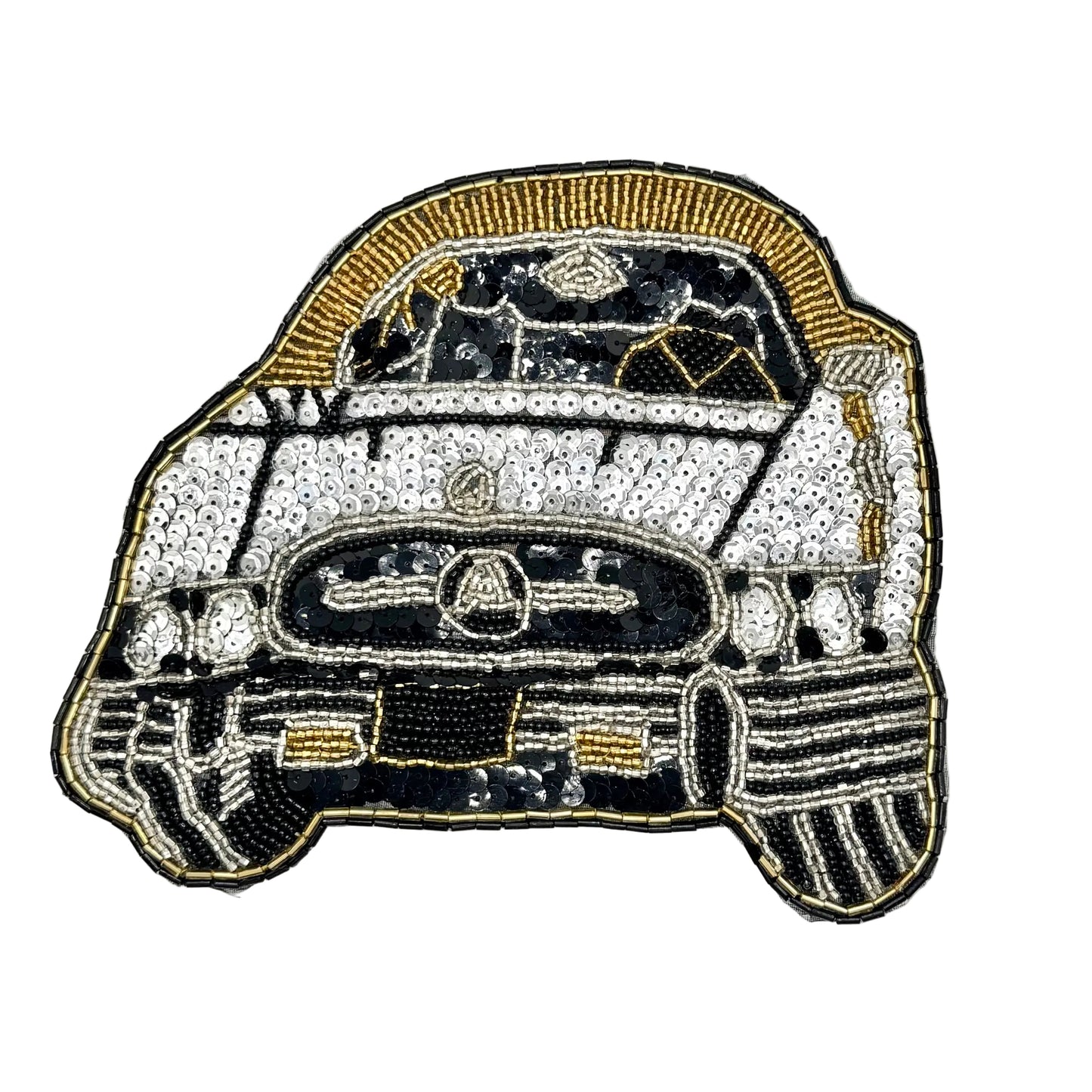 A vintage sequin and bead patch depicting a vintage car, featuring black, white, and gold beads on a white background.