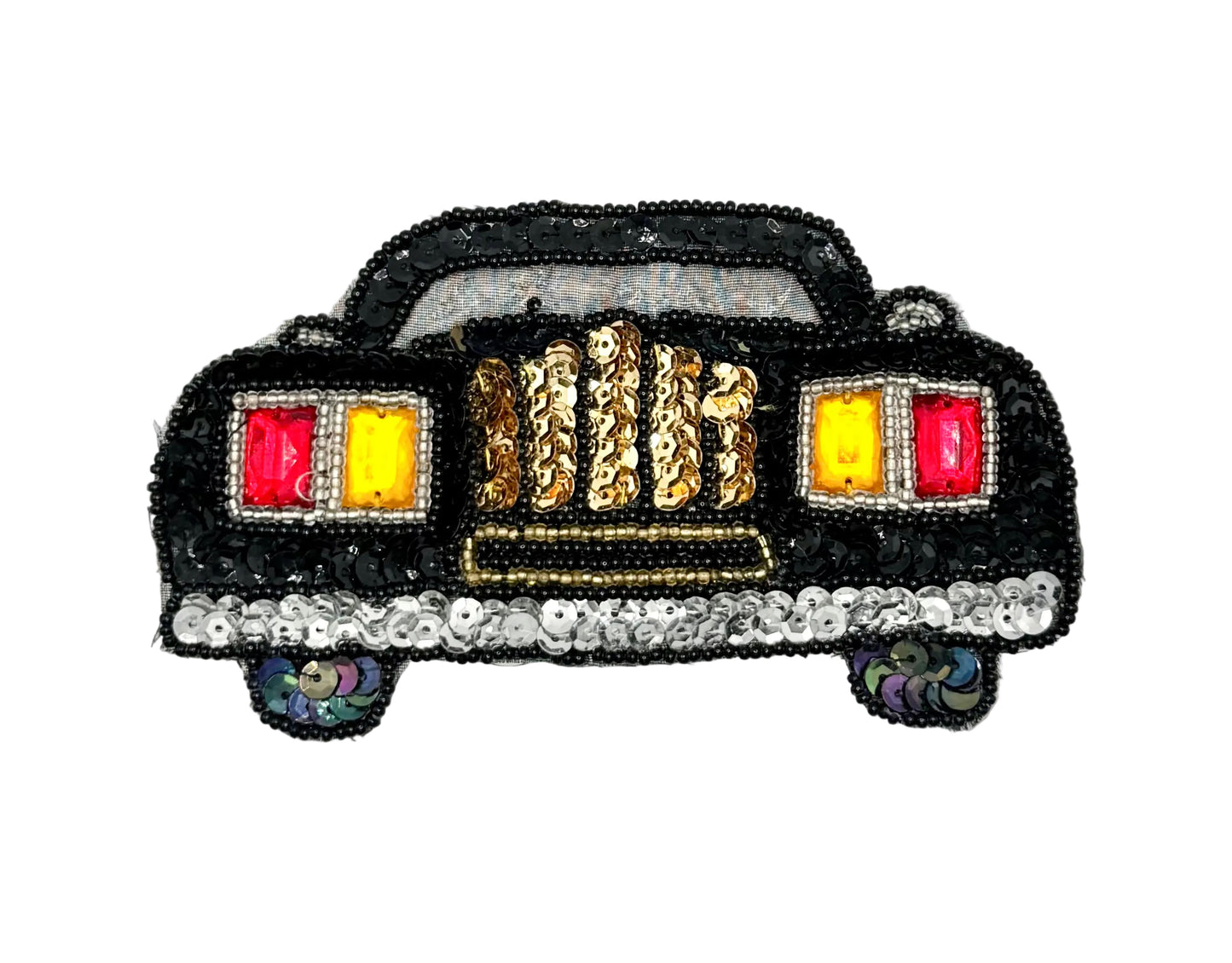 Vintage Car Sequin Appliqué Patch – Black, Gold & Silver with Red Stone Headlights, 5.25" x 3"