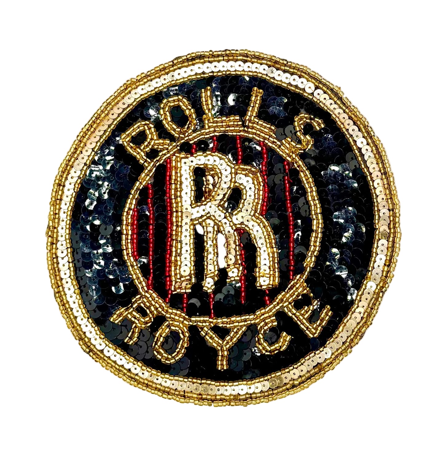 A Vintage circular embroidered patch featuring the interlocking 'RR' monogram of Rolls Royce, with 'ROLLS ROYCE' text arched above and below in gold-tone embroidery over a black sequined background with red vertical stripes.