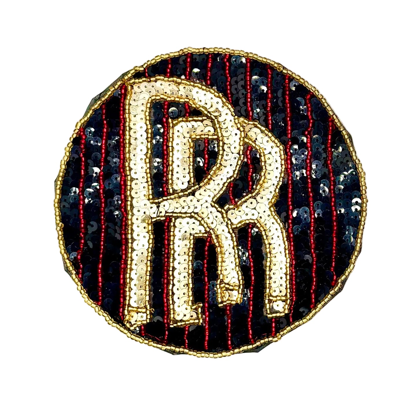 A circular sequin and bead vintage patch featuring a large gold monogram 'R' over a black background with vertical red and gold beaded stripes, shown on a plain white background.