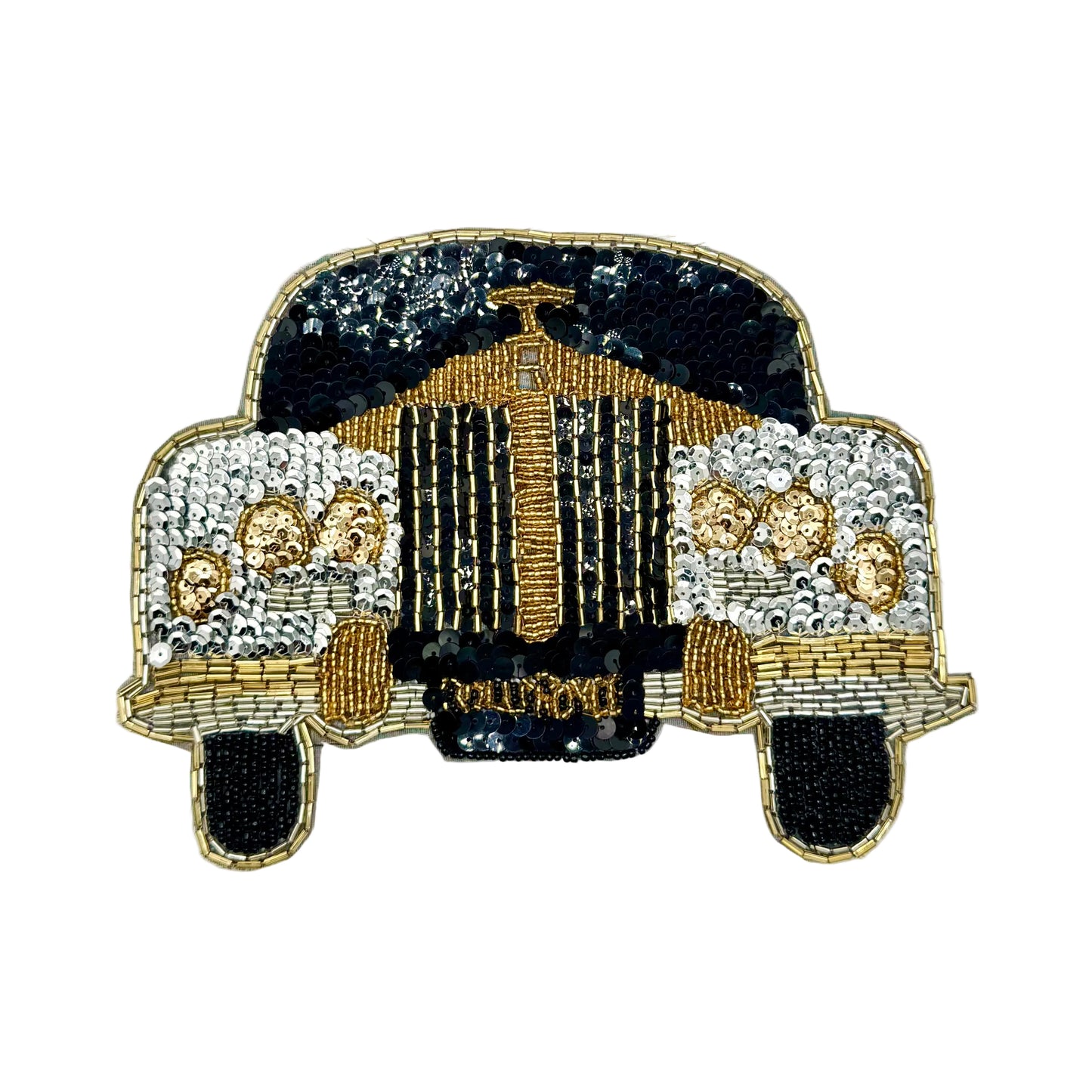 An embroidered patch of a vintage luxury car, featuring gold and silver sequins, black beads, and a gold-tone outline on a white background.
