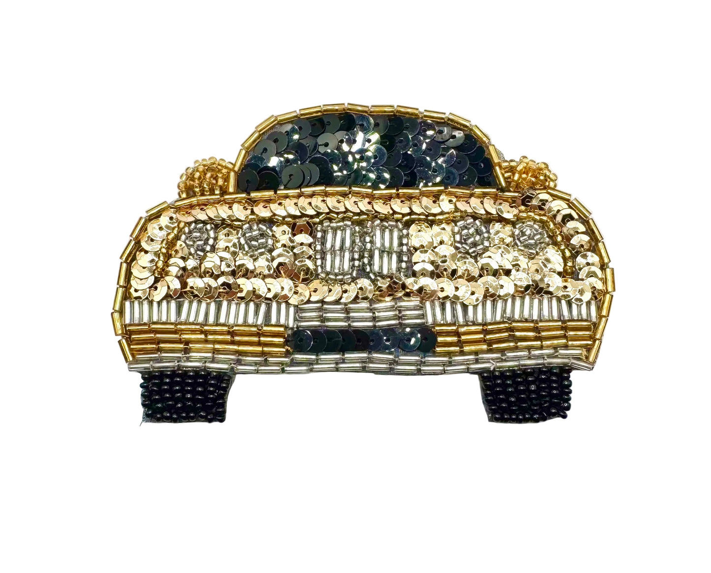 A decorative car-shaped embellishment or patch made from gold, silver, and black beads and sequins, shown on a plain white background.