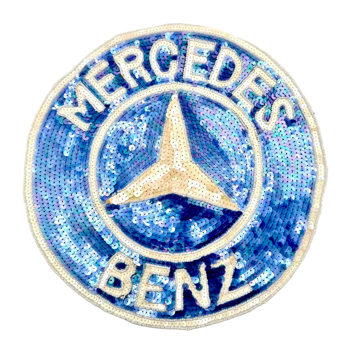 A circular Vintage Mercedes-Benz embroidered patch with blue sequins and a beige star logo, shown on a plain white background.