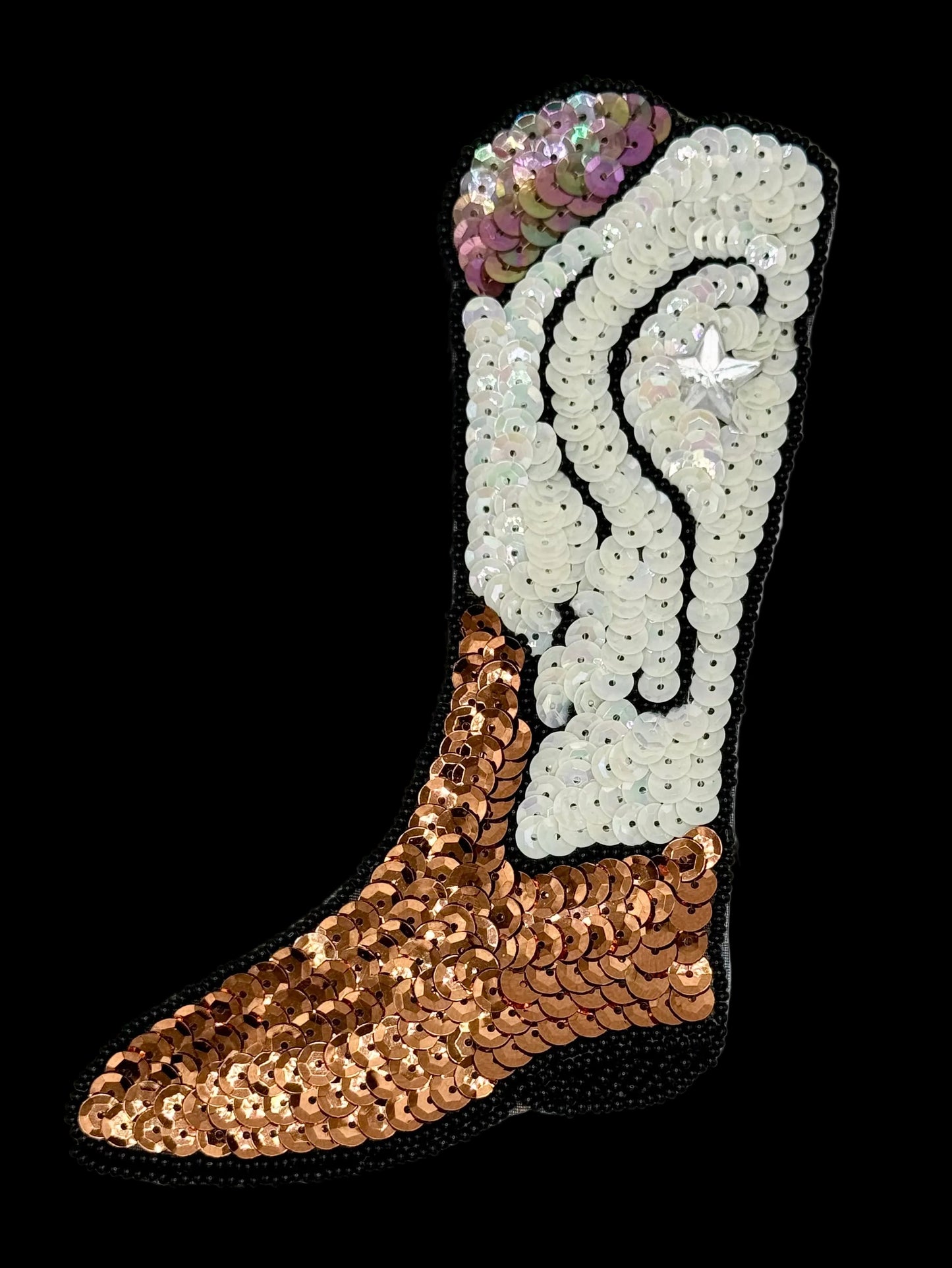 Cowboy Boot with Bronze and White Sequins - Black Beads - Star Rhinestone 7" x 4"