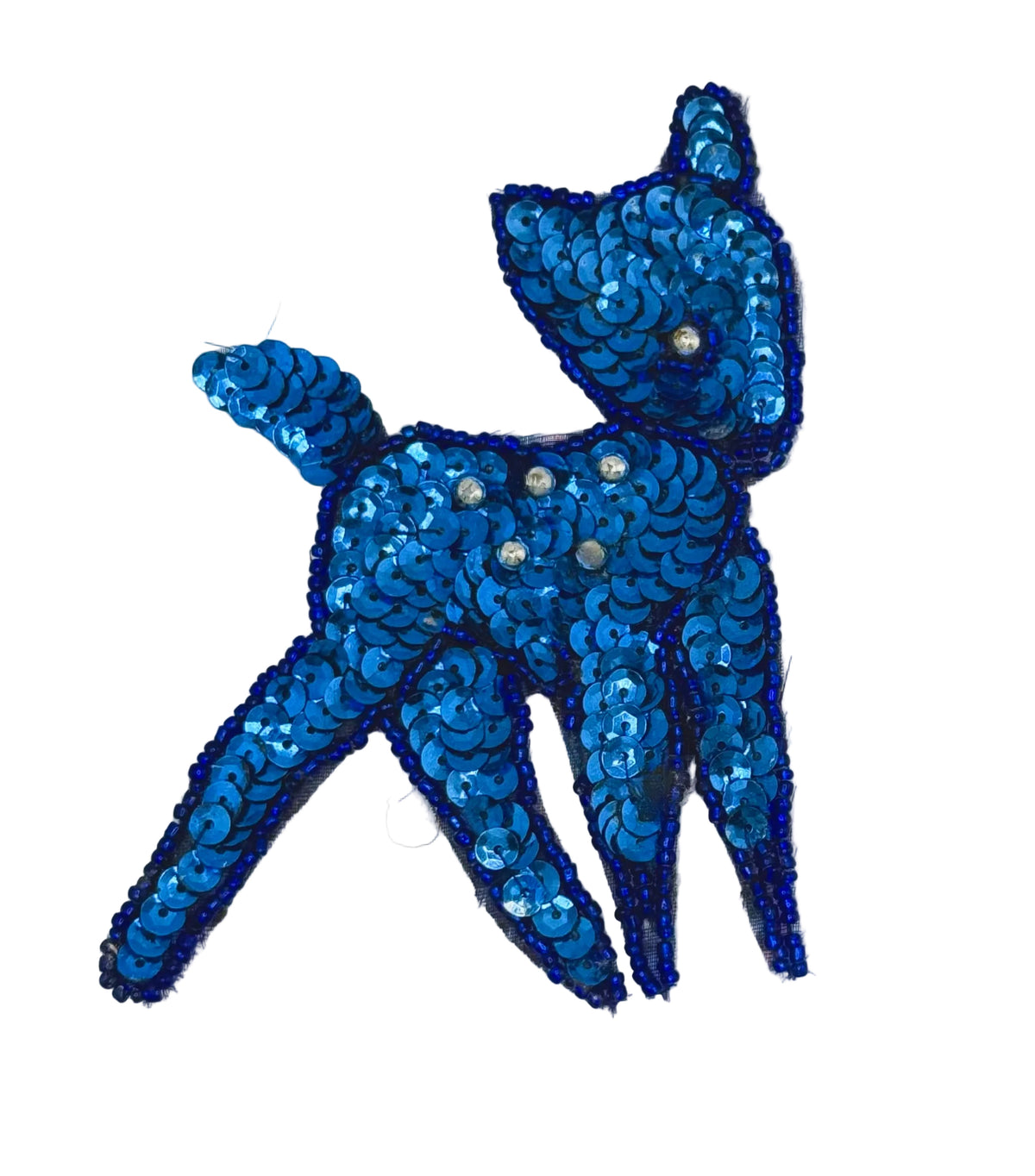 A blue sequined deer appliqué embellished with small silver beads, shown on a plain white background.