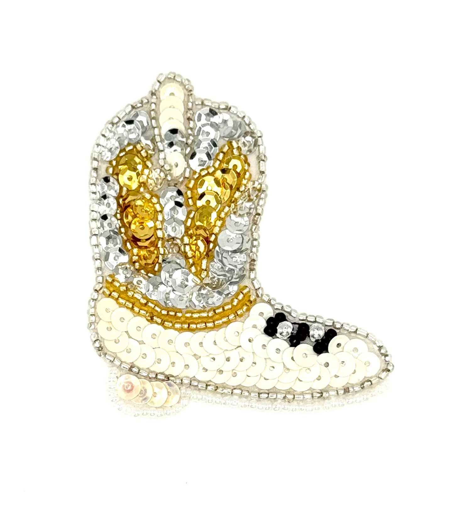 Cowboy Boot with Silver, Gold and White Sequins and Beads 3" x 2.5"
