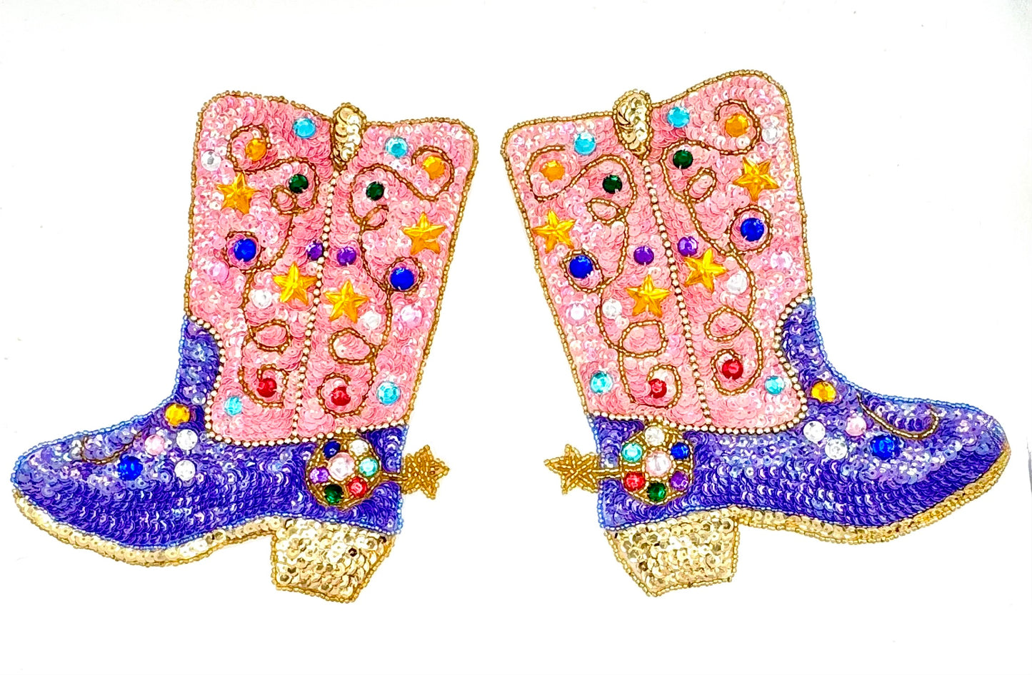 Cowboy Boots with Multicolored Sequins, Beads and Rhinestones - 7" x 6.25" Each Side