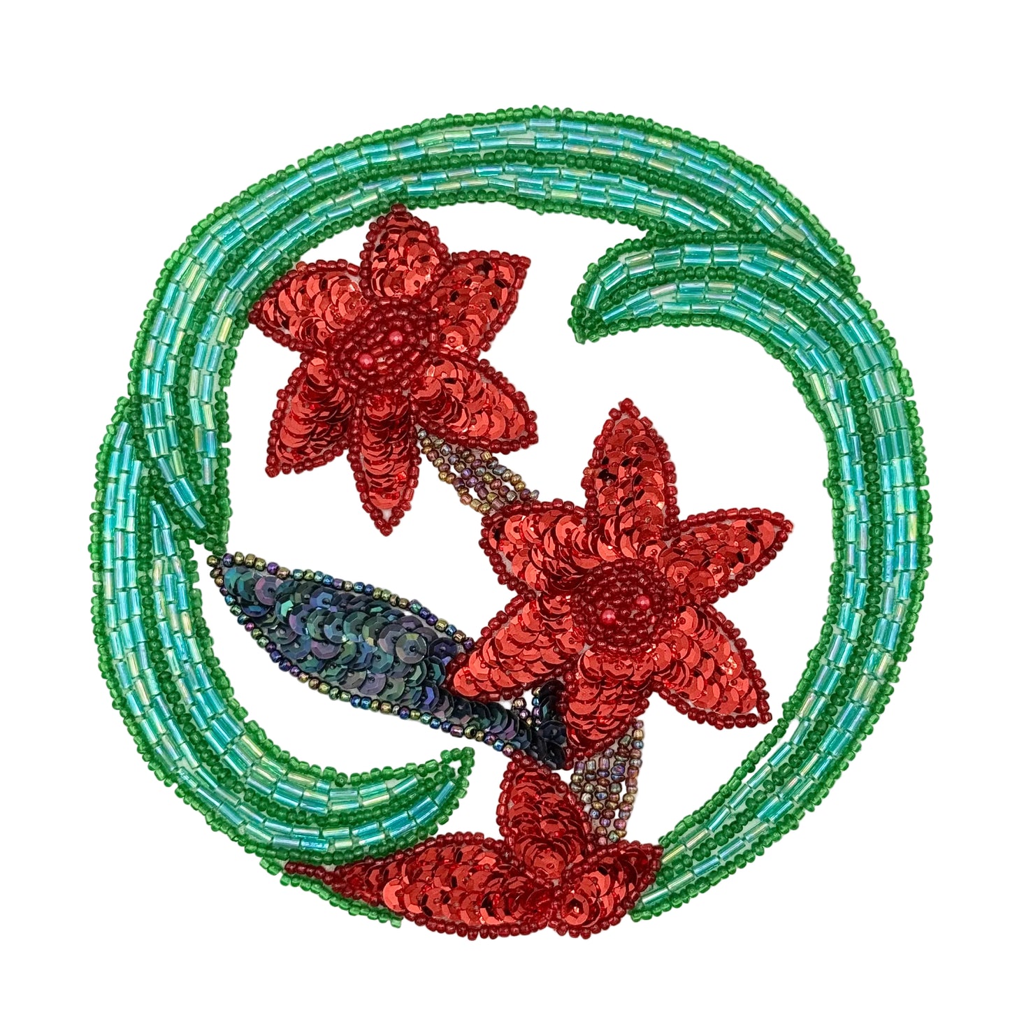 A circular beaded floral design featuring three red sequined flowers and green beaded leaves and stems on a white background.