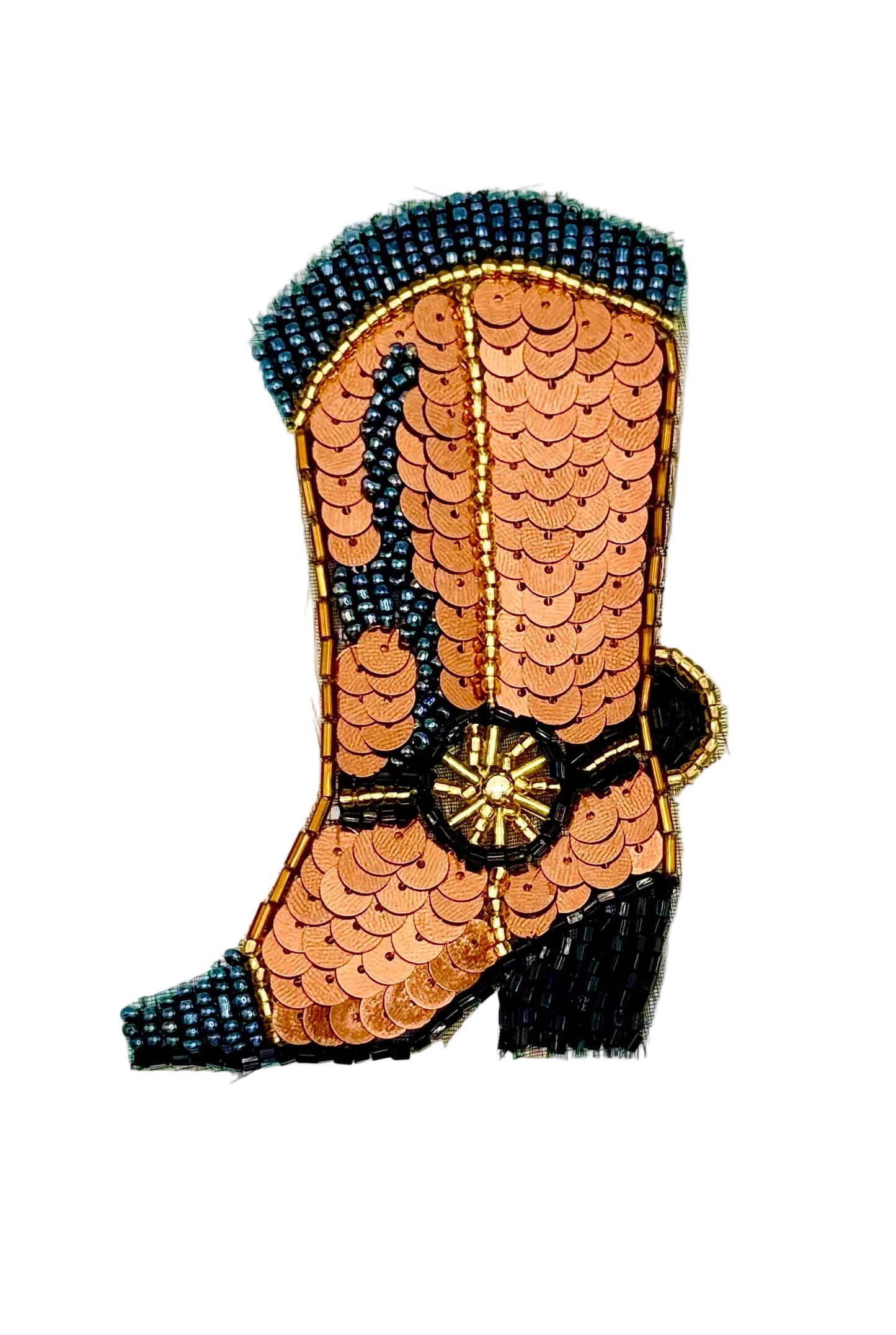 Sequined cowboy boot with decorative elements on a white background