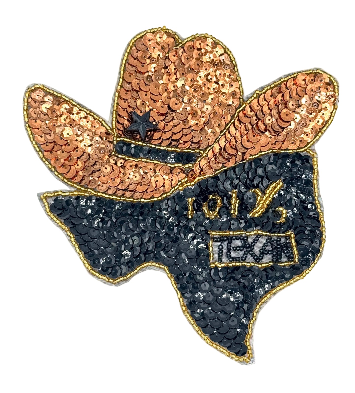 Sequined cowboy hat and Texas shape patch on a white background