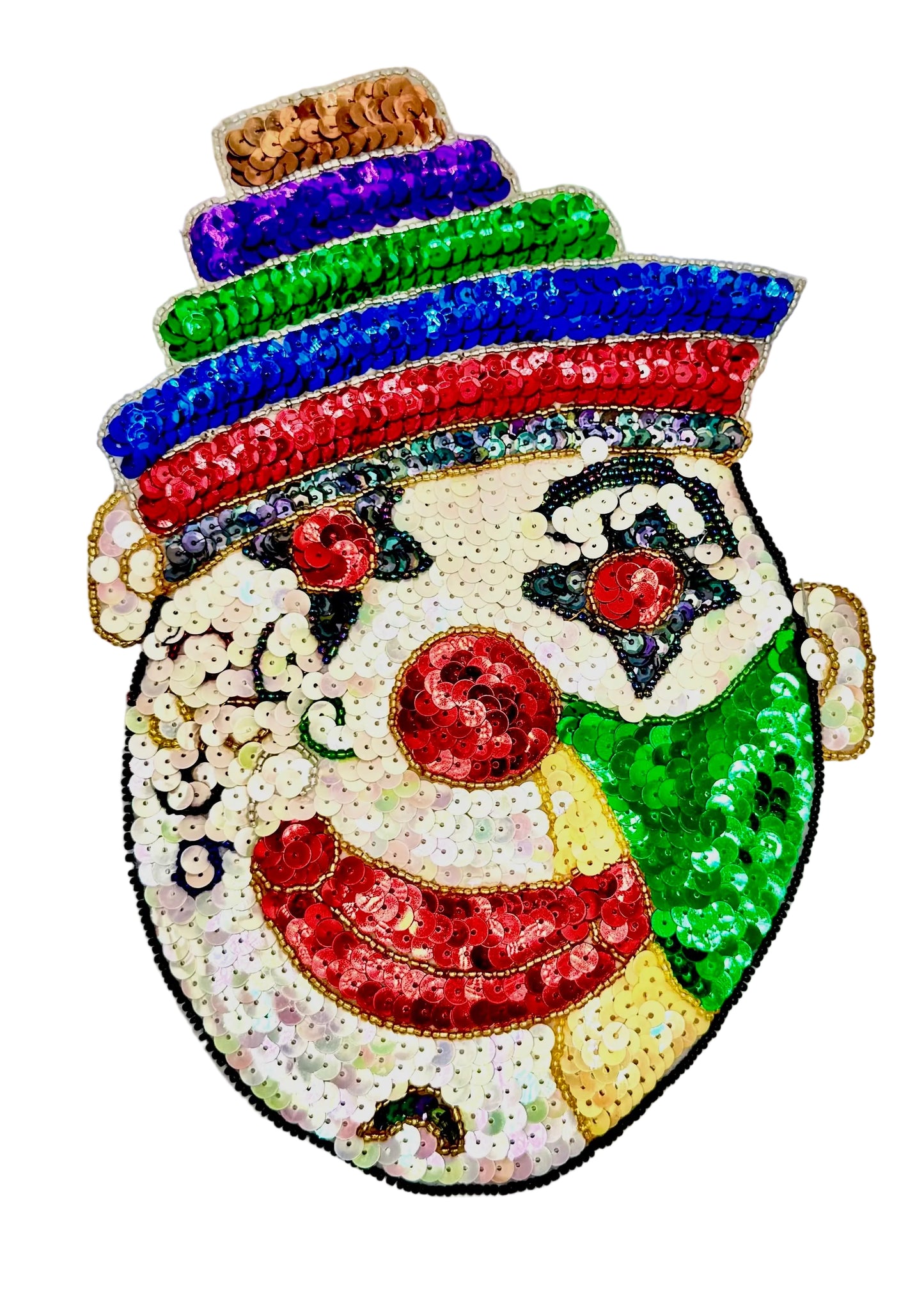 Colorful sequin patch of a clown with a white face, red nose, and multicolored hat on a white background.