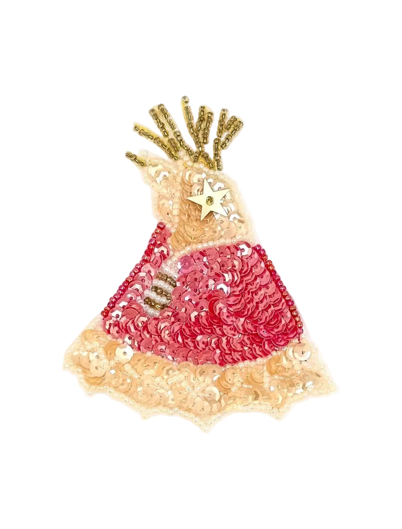 Decorative sequin teepee patch with coral sequins, gold beads and a sequin star detail on a white background