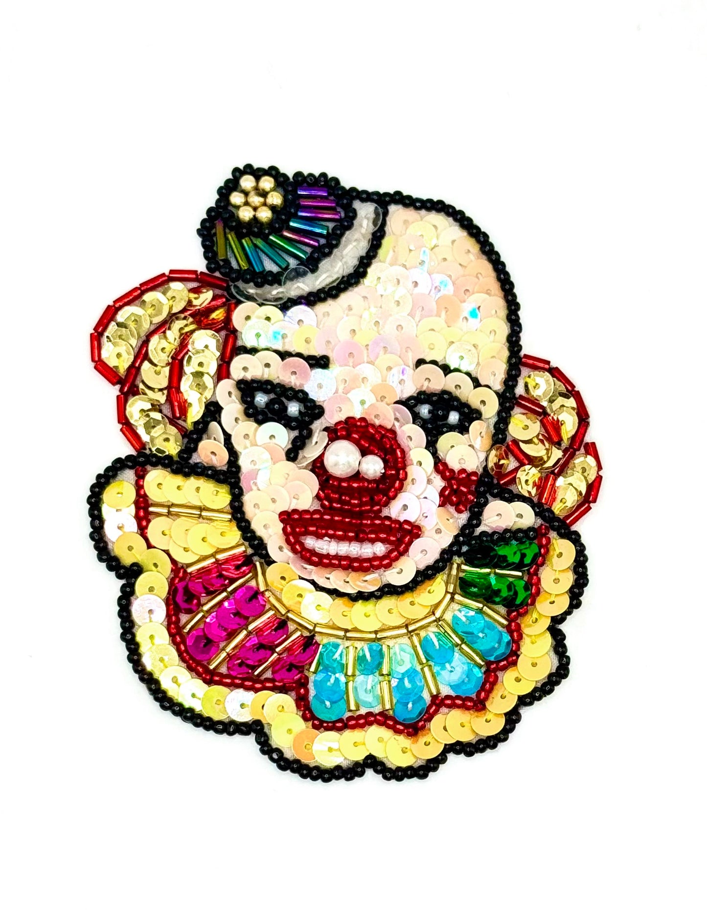 Cara de payaso con sombrero y lentejuelas y abalorios multicolor en 2 tamaños