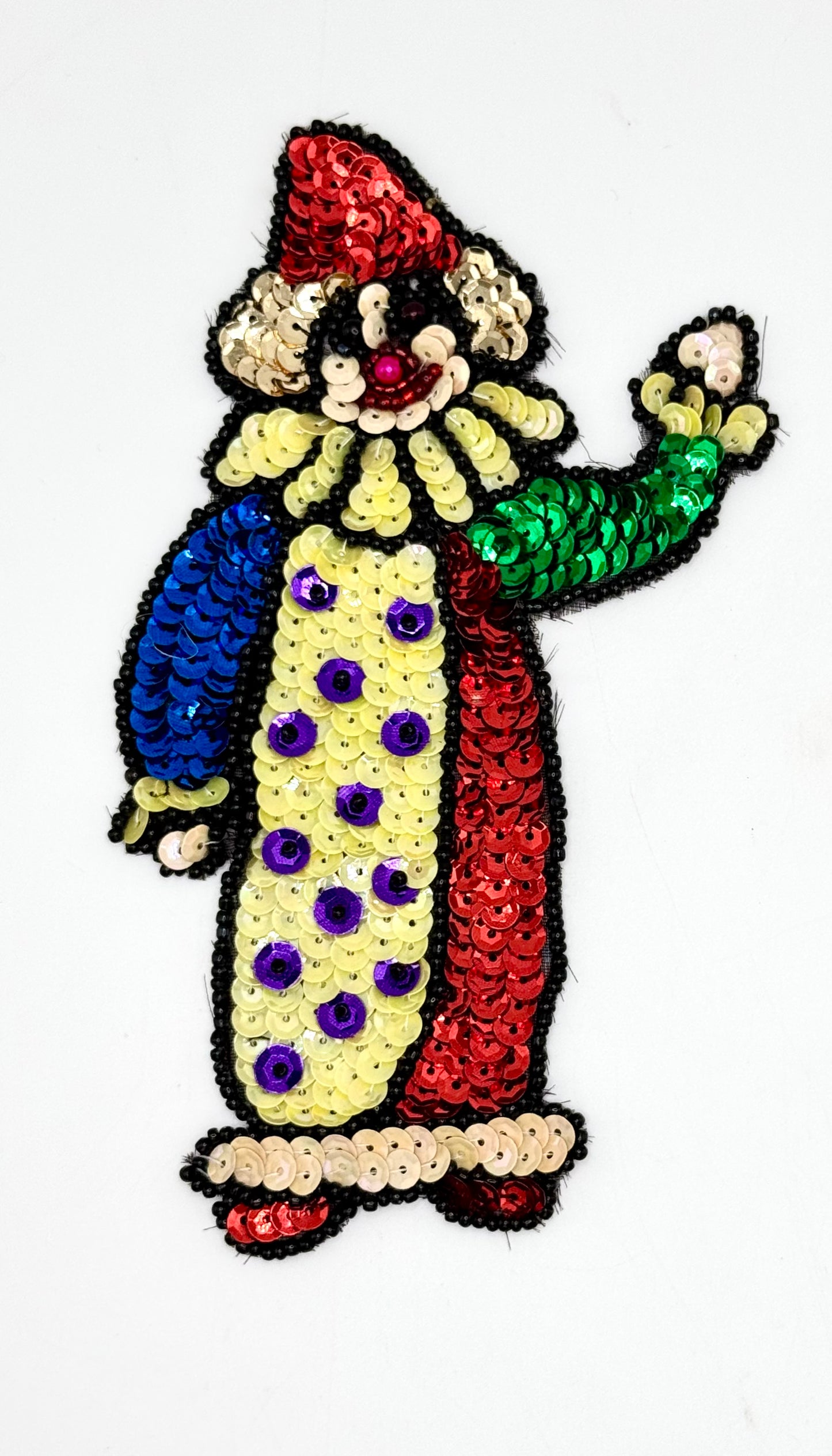 Payaso vintage de pie saludando con lentejuelas y cuentas multicolor en 2 tamaños