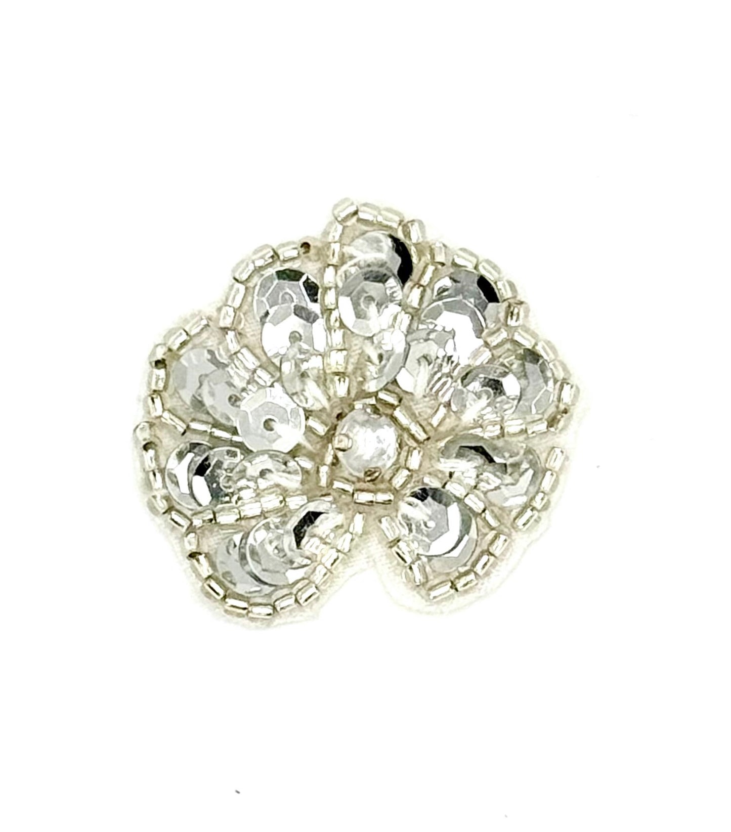 Seashell Appliqué - Silver Sequins/Beads - Rhinestone Center 1.25" x 1.25"