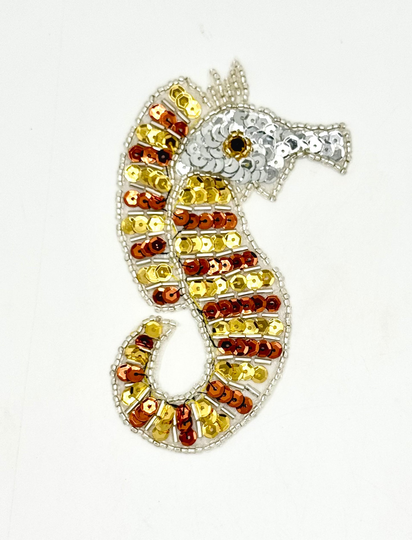 Seahorse Appliqué - Bronze/Gold/Silver Sequins -Silver/Black Glass Beads 4.5" x 2.5"