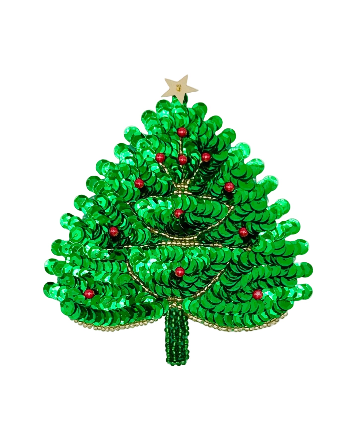 Green beaded Christmas tree appliqué with red beads on a white background