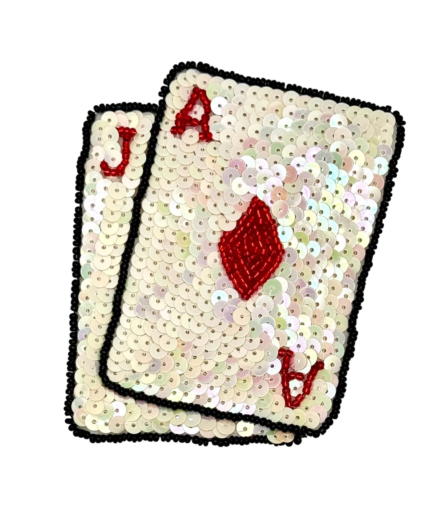 Sequined playing card patches with 'Jack' design on a white background