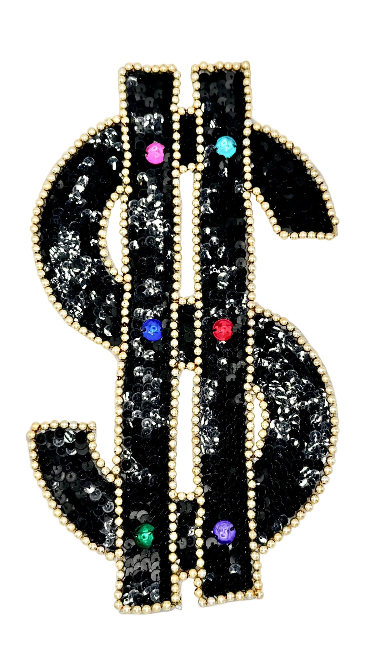 Sequin Dollar sign-shaped patch with gemstones on a white background
