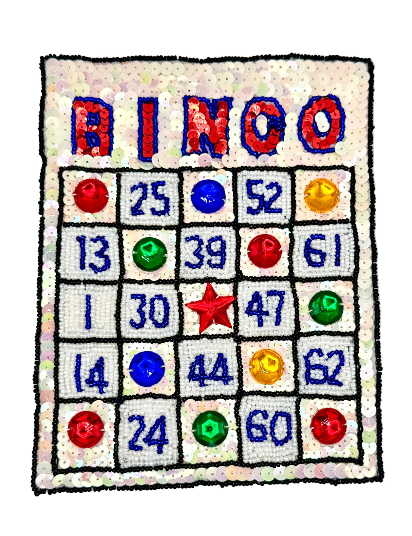 Sequin patch with a bingo game pattern on a white background
