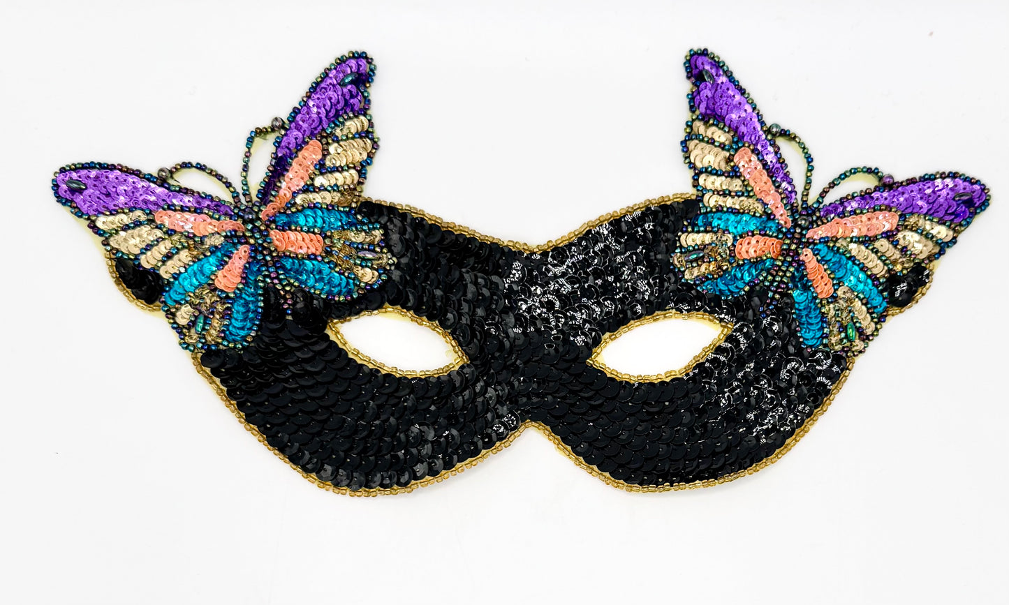 Black mask with colorful butterfly wings on a white background
