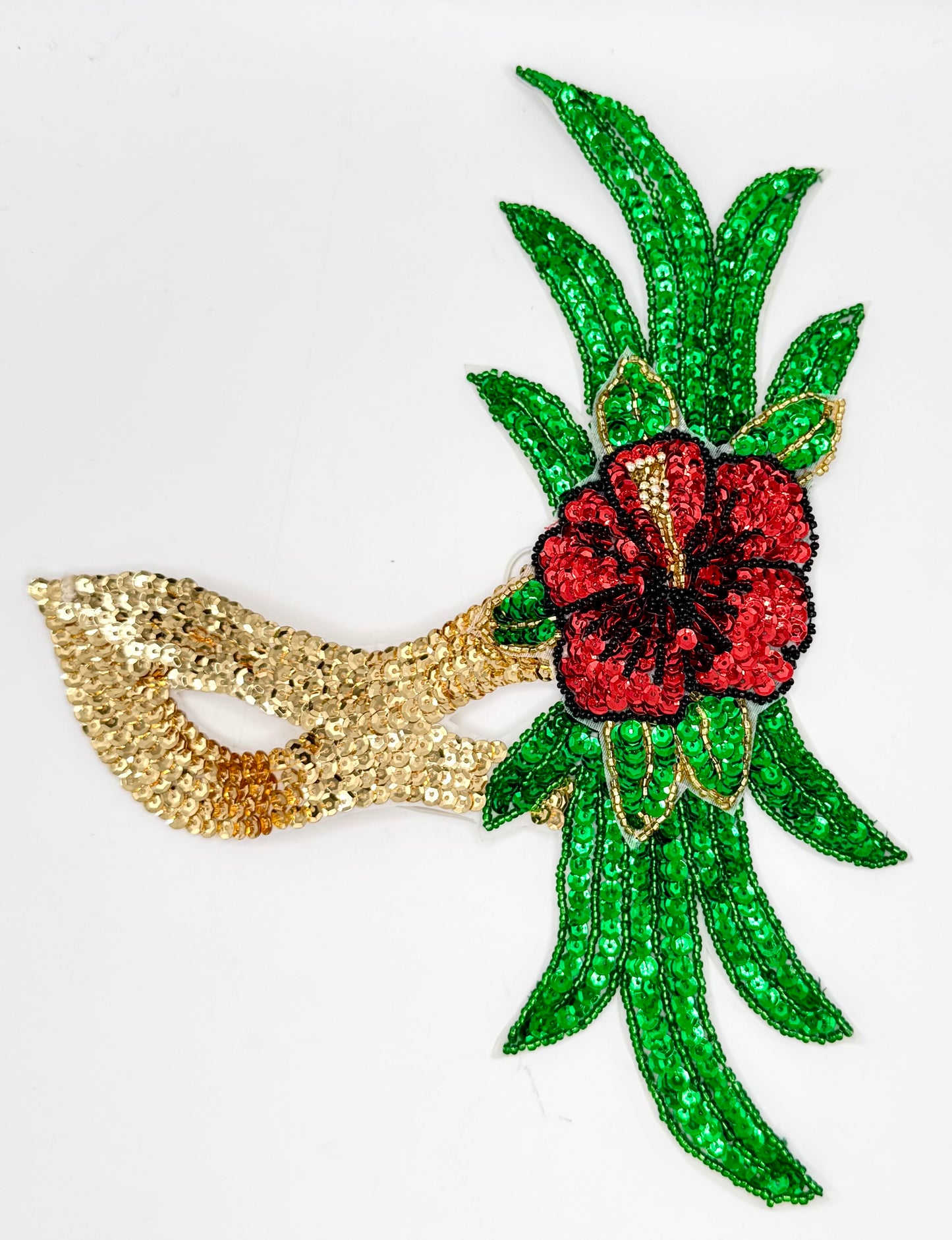 Mardi Gras Mask with Large Flower - Gold, Red and Green Sequins and Beads 10.75" x 8"