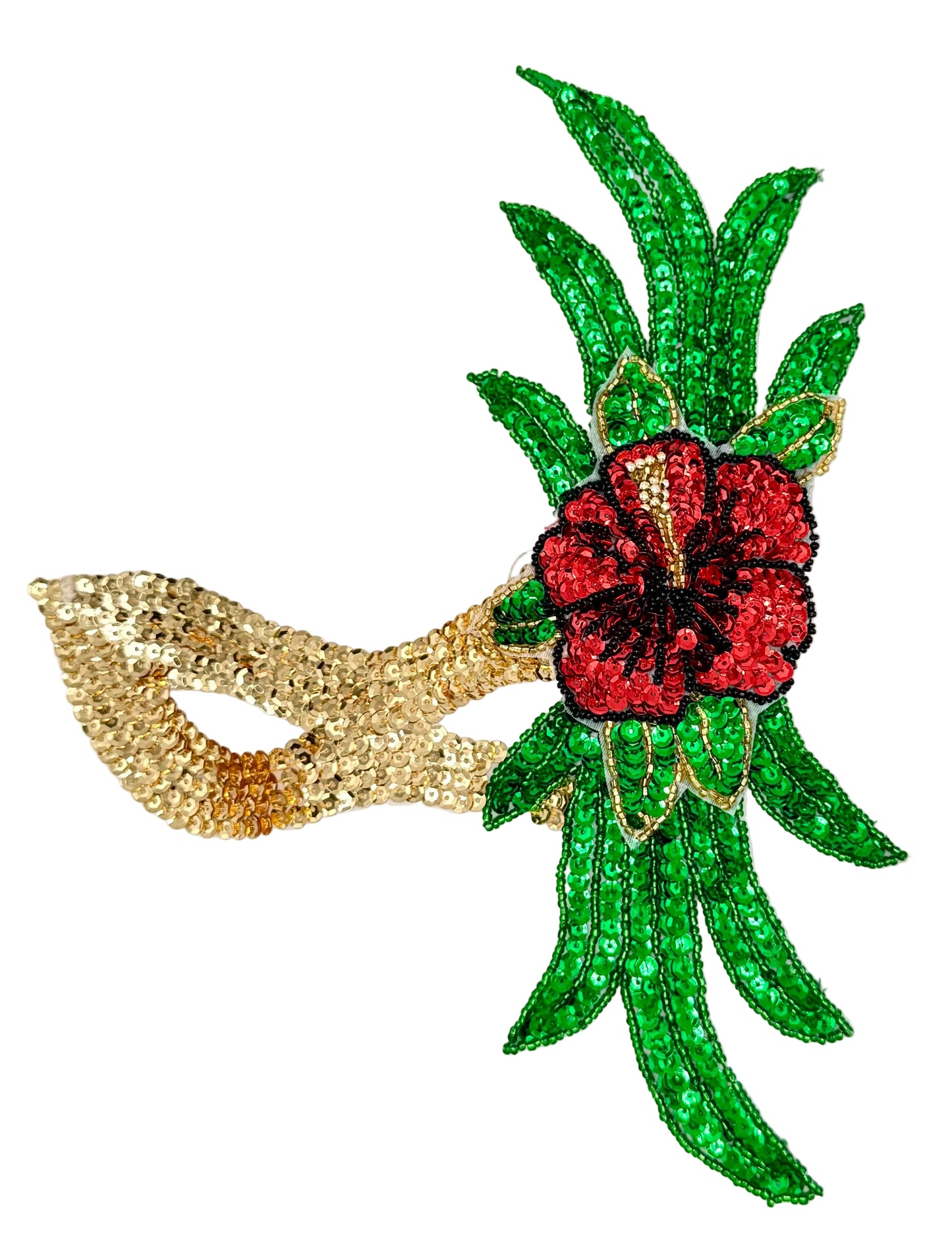 Decorative sequin and bead mask with red flower and green leaves on a white background