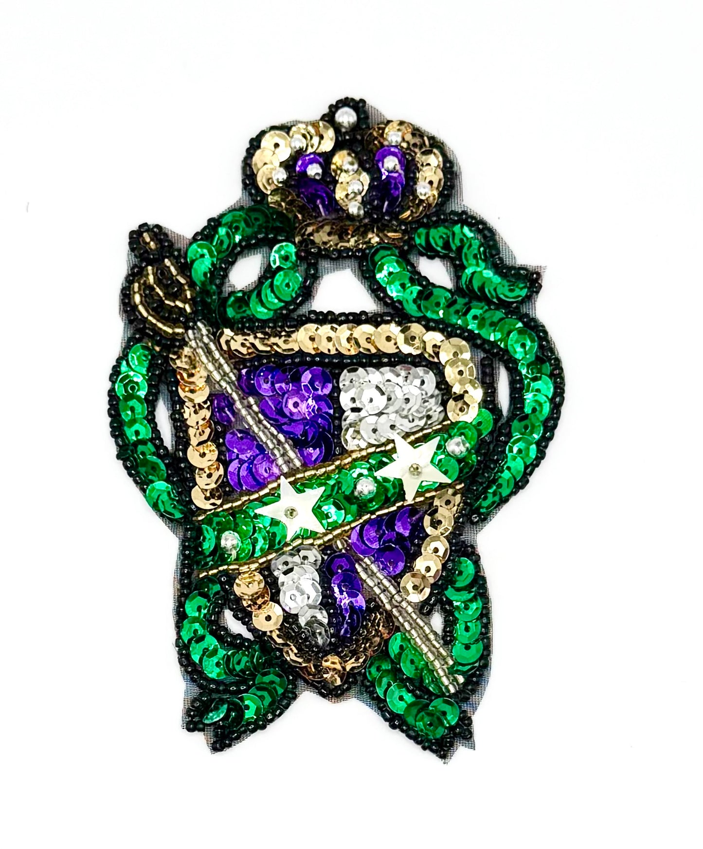 Choice of Size Mardi Gras Crest with Purple, Green and Gold Sequins and Beads