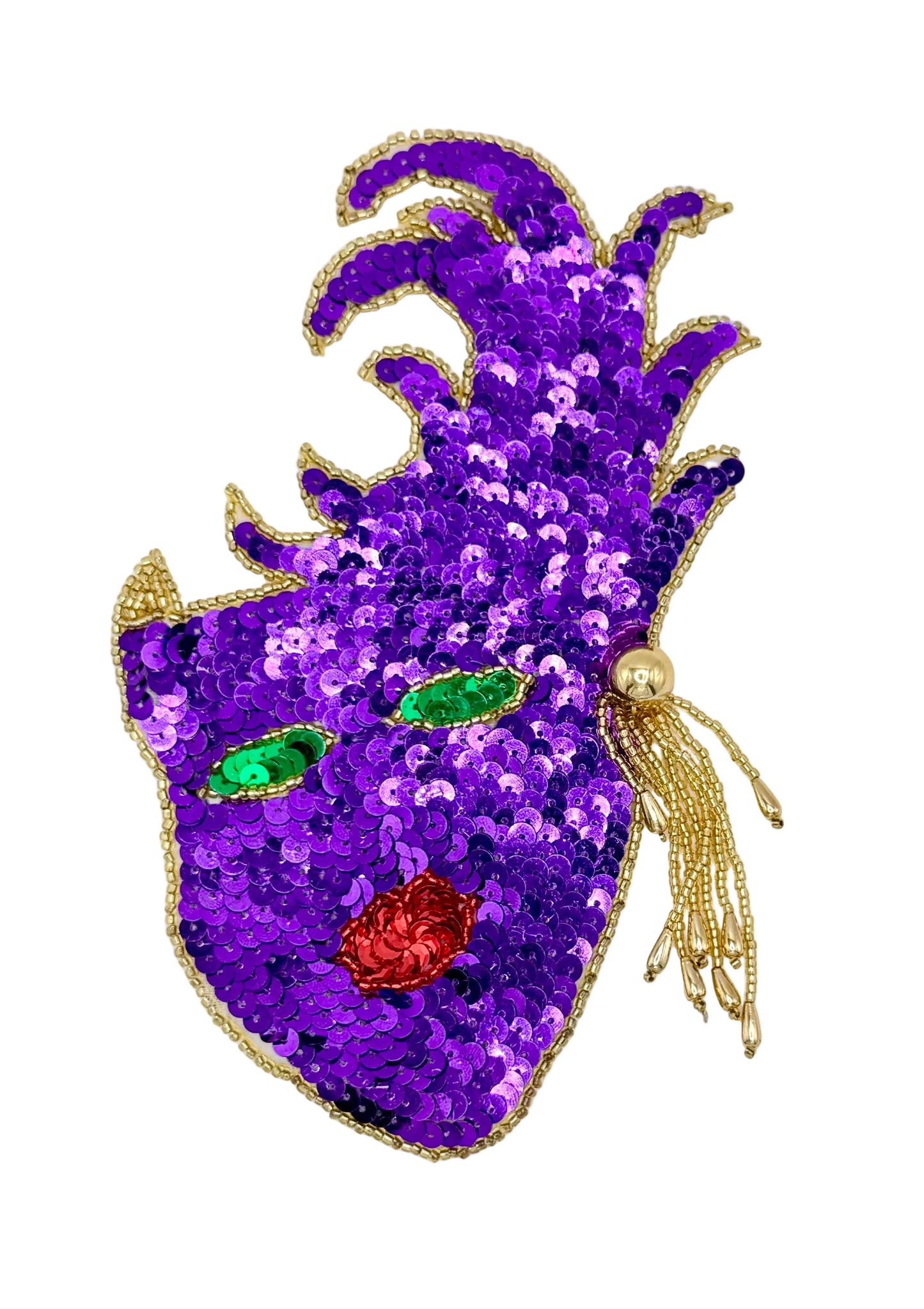 Mardi Gras Face - Purple, Green and Gold Sequins and Beads with Bead Earrings 7" x 4.25"