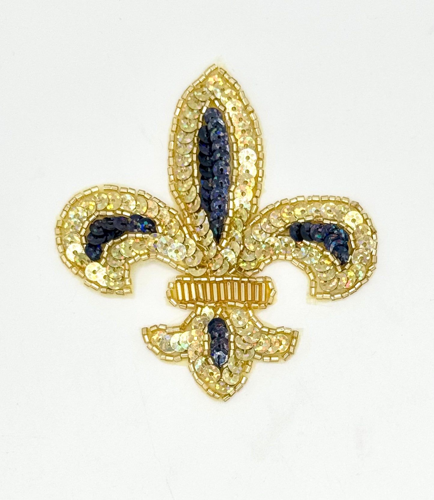 Fleur de lis with Gold and Iridescent Black Spotlight Sequins and Beads 3.5" x 2.5"