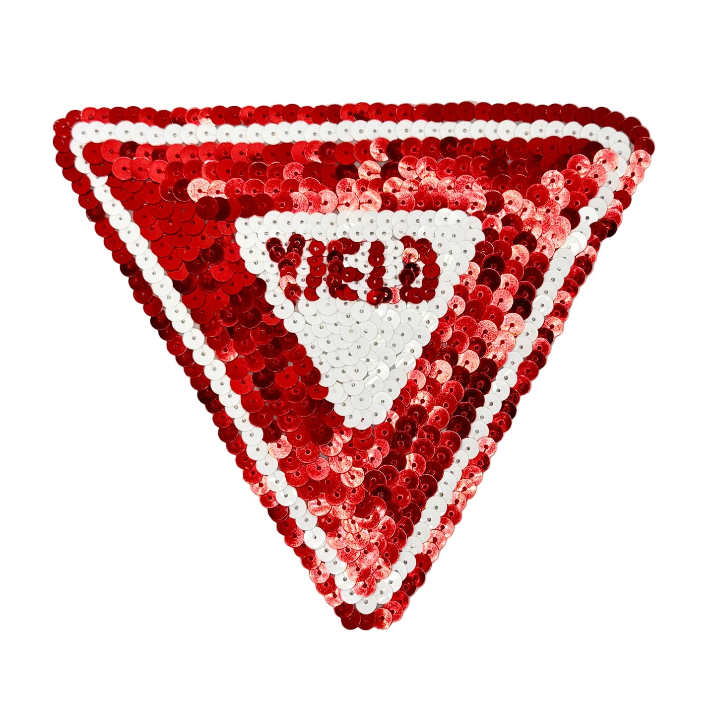 Triangular sequin patch with 'YIELD' text on a white background
