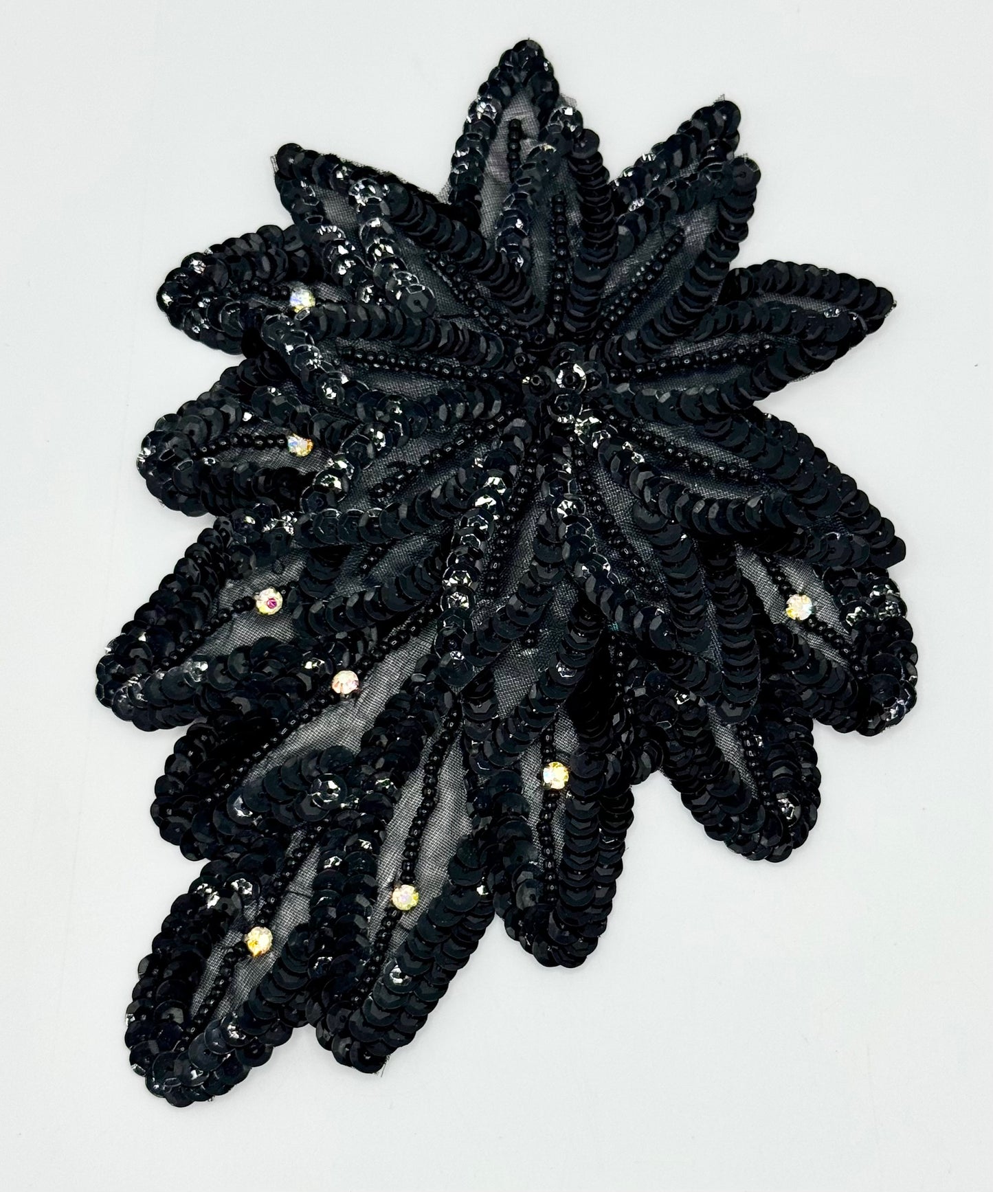Black Multi Layered Flower with Sequins, Beads and Rhinestones 6.75" x 5.25"