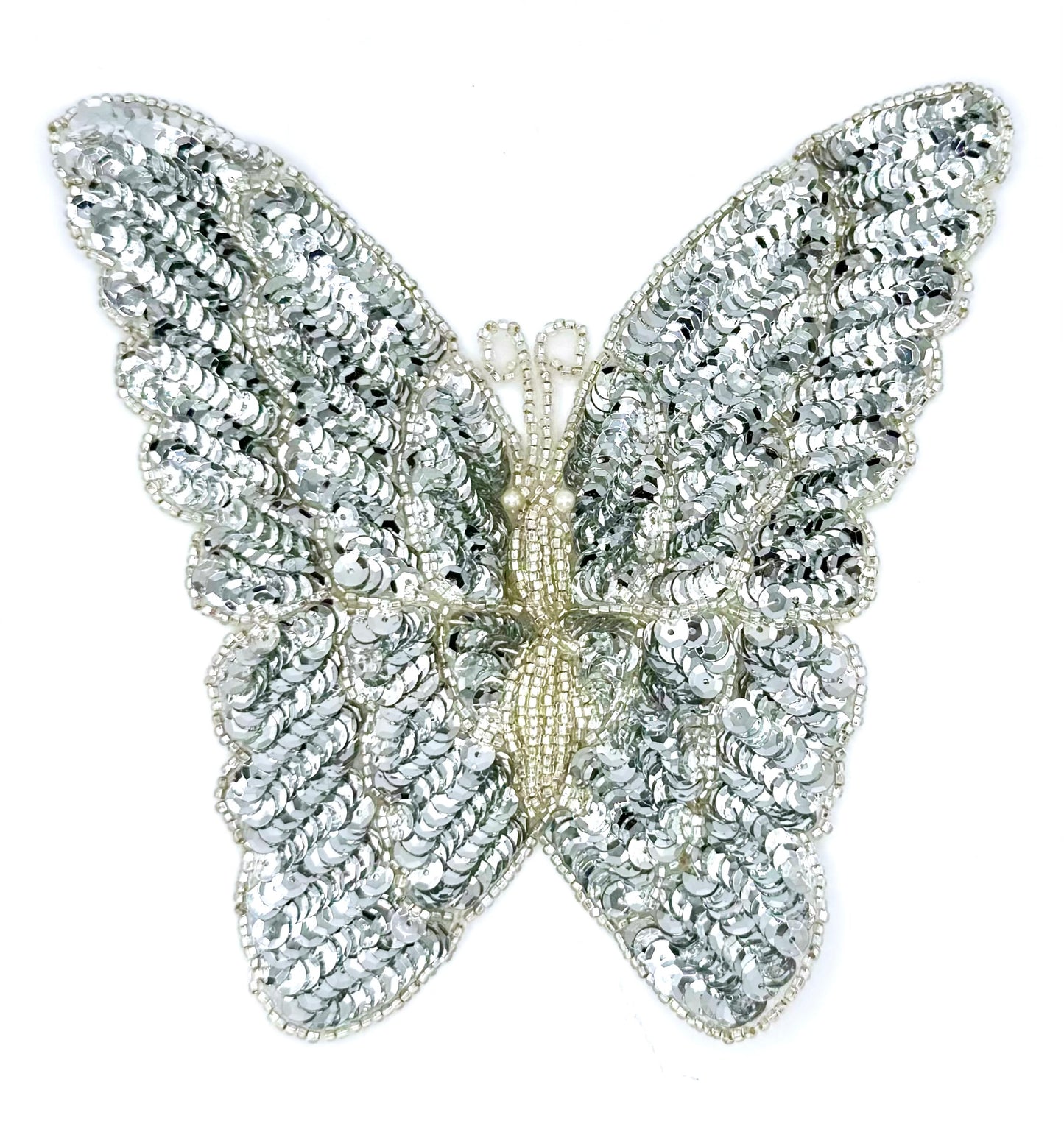 Butterfly Appliqué with Silver Sequins and Beads with Pearl Eyes 7.25" x 7"
