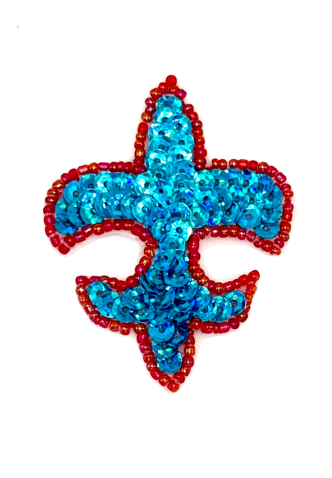 Fleur de lis - Turquoise Laser Sequins with Red Beads 2.75" x 2"