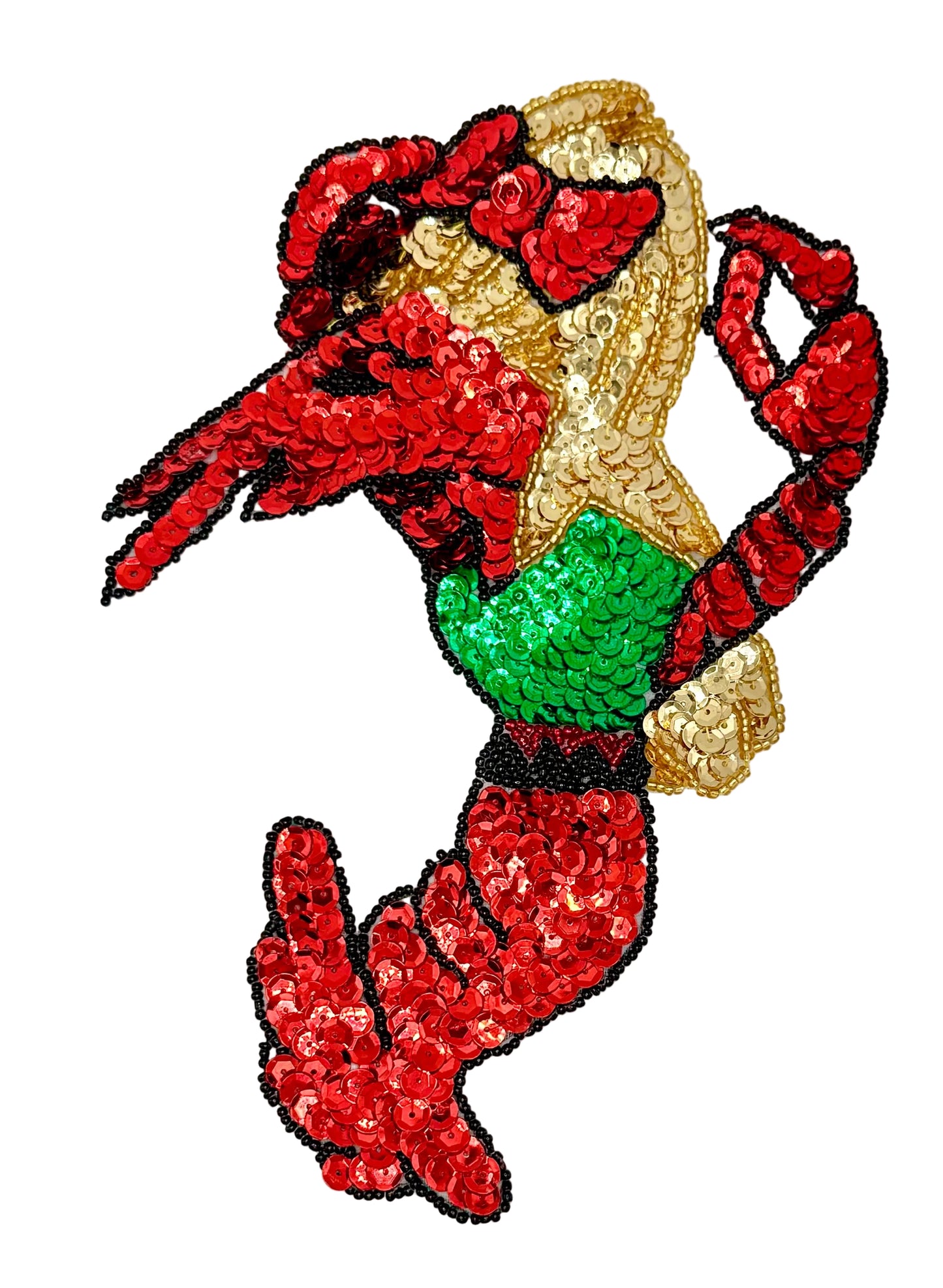 Sequined crawfish patch with red, green, and gold colors on a white background