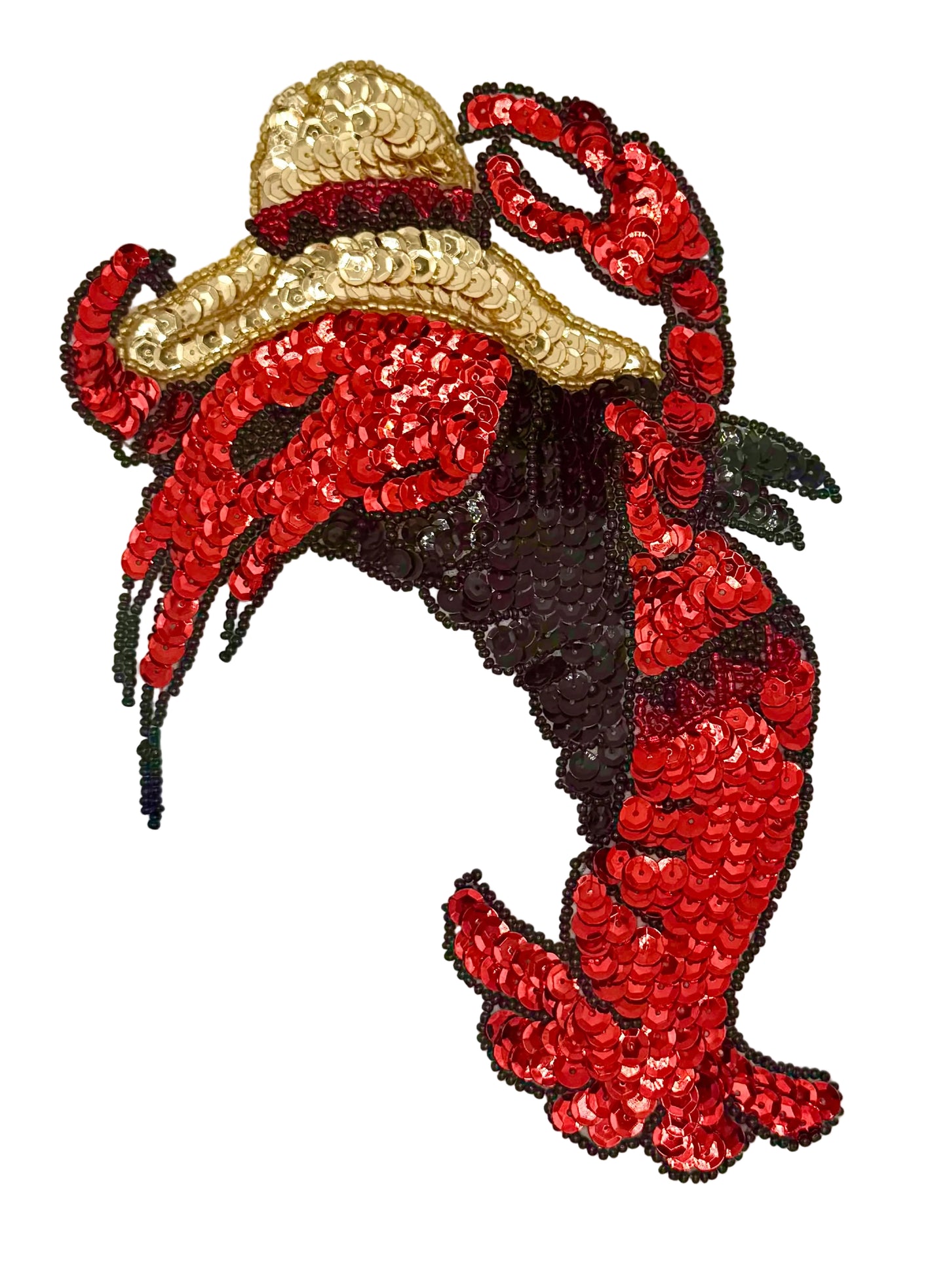 Red and black sequin crawfish with a gold hat on a white background