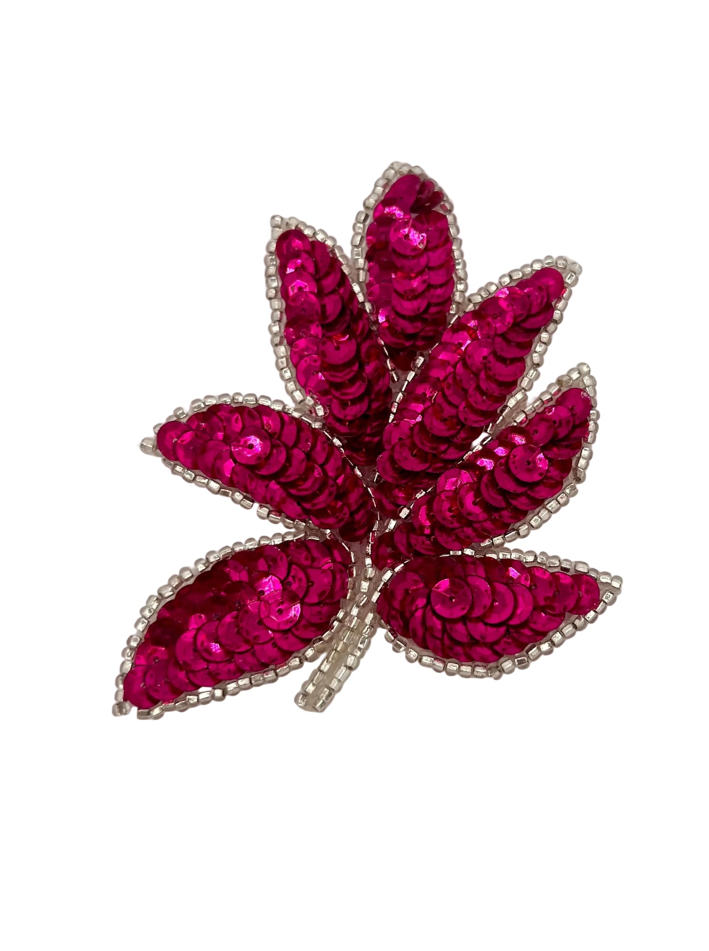 Leaf with Fuchsia Sequins Silver Beads 4" x 3"