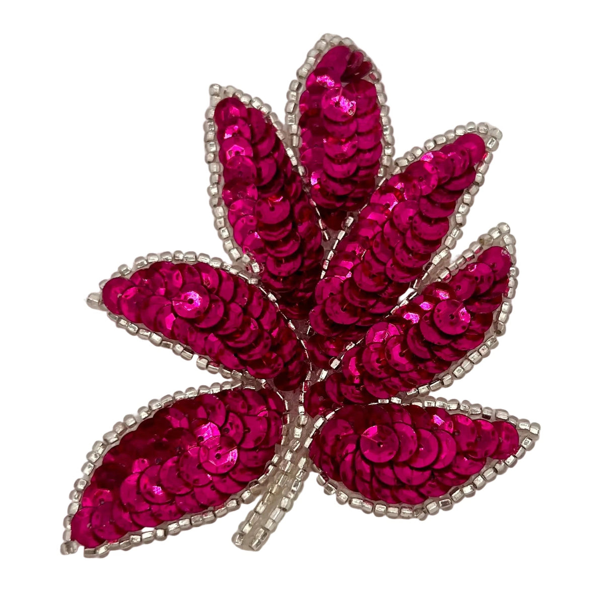 Hoja con lentejuelas fucsia y cuentas plateadas de 10 x 7.5 cm