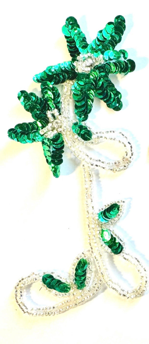 Flower with Choice of Pairs or Single, Green Sequins and Silver Beads and Rhinestones 8” x 3"
