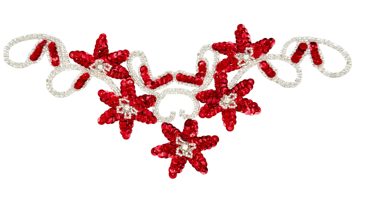 Red flower-shaped sequin neckpiece with silver beads and five rhinestones on a white background