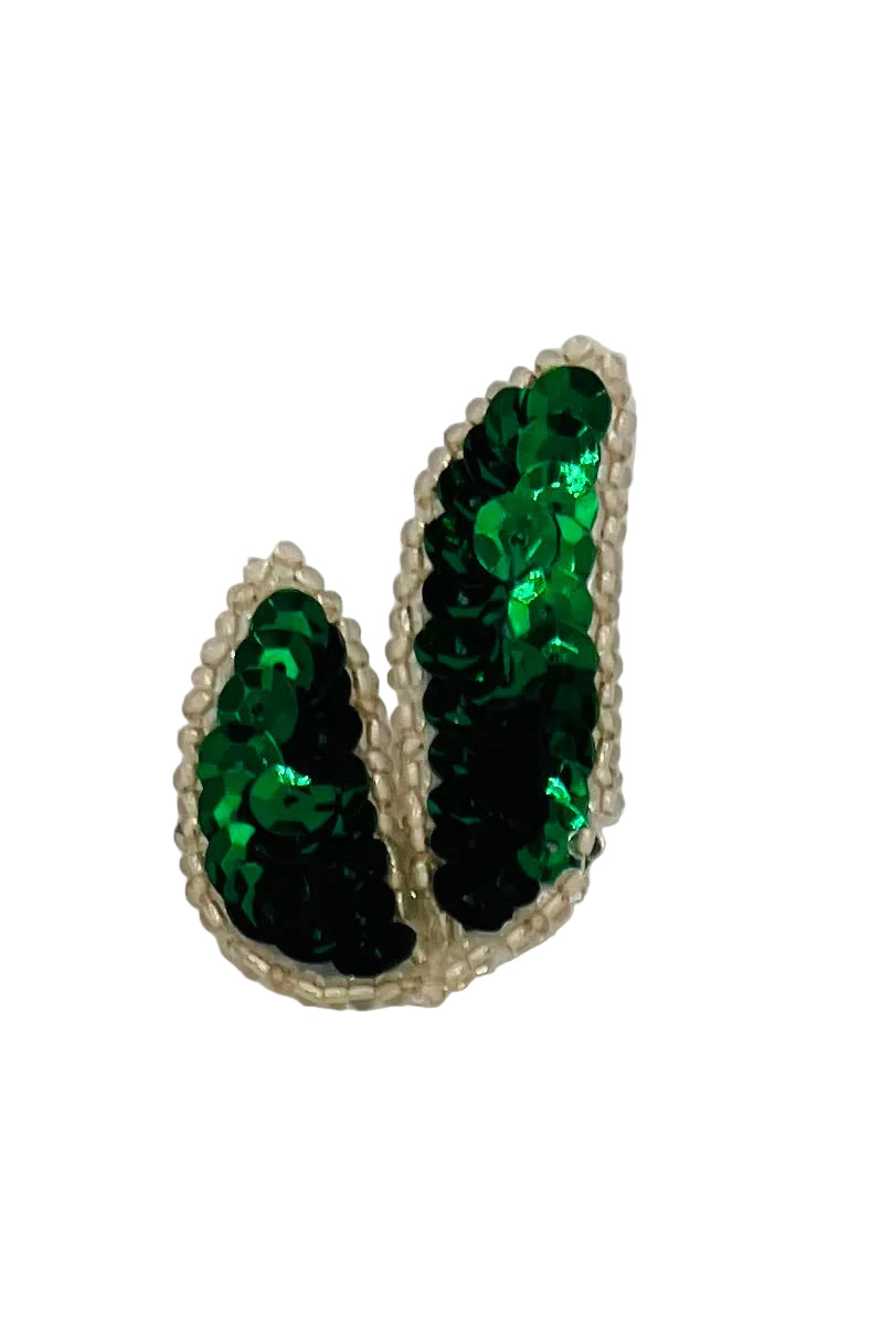 Leaf with Emerald Green Sequins Silver Beads 2" x 1.25"