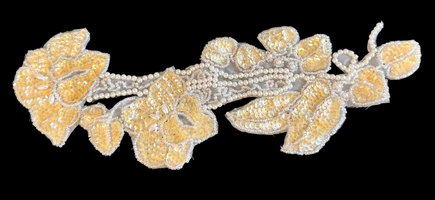 Designer Motif Lite Yellowish Iridescent Flower with Beads and Sequins 12" x 4"