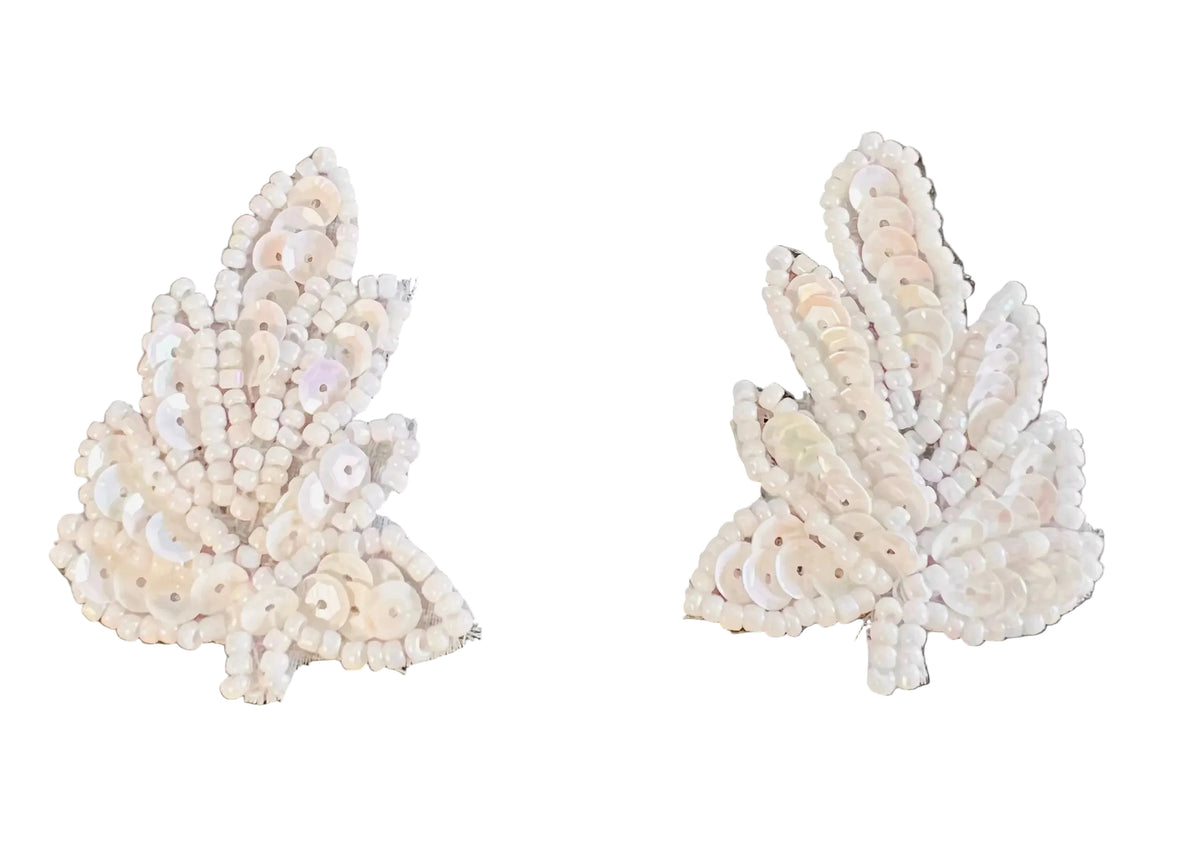 Leaf Pair Appliqué - White Sequins - Glass Beads 2" x 1.5"