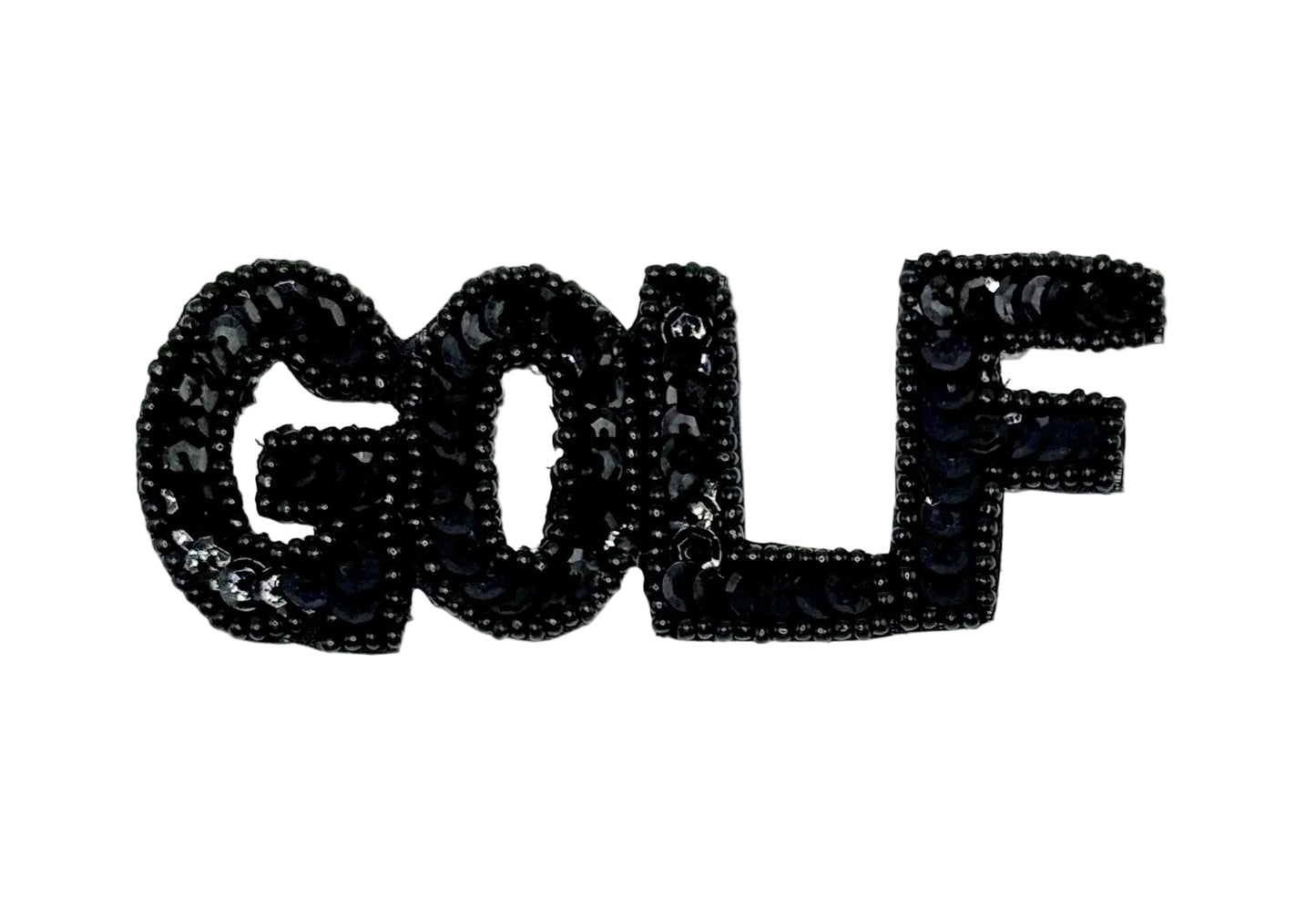 La palabra golf deletreada en lentejuelas y cuentas negras de 4" x 1.5"