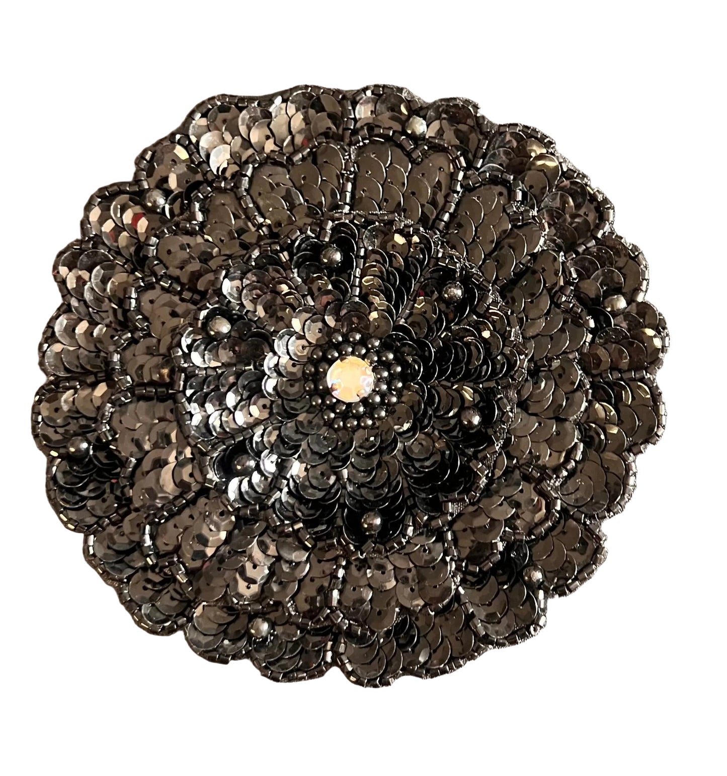 Flower with Three Layers - Gold Sequins, Gold Beads, and a Rhinestone Center 4.5"x 4.5"