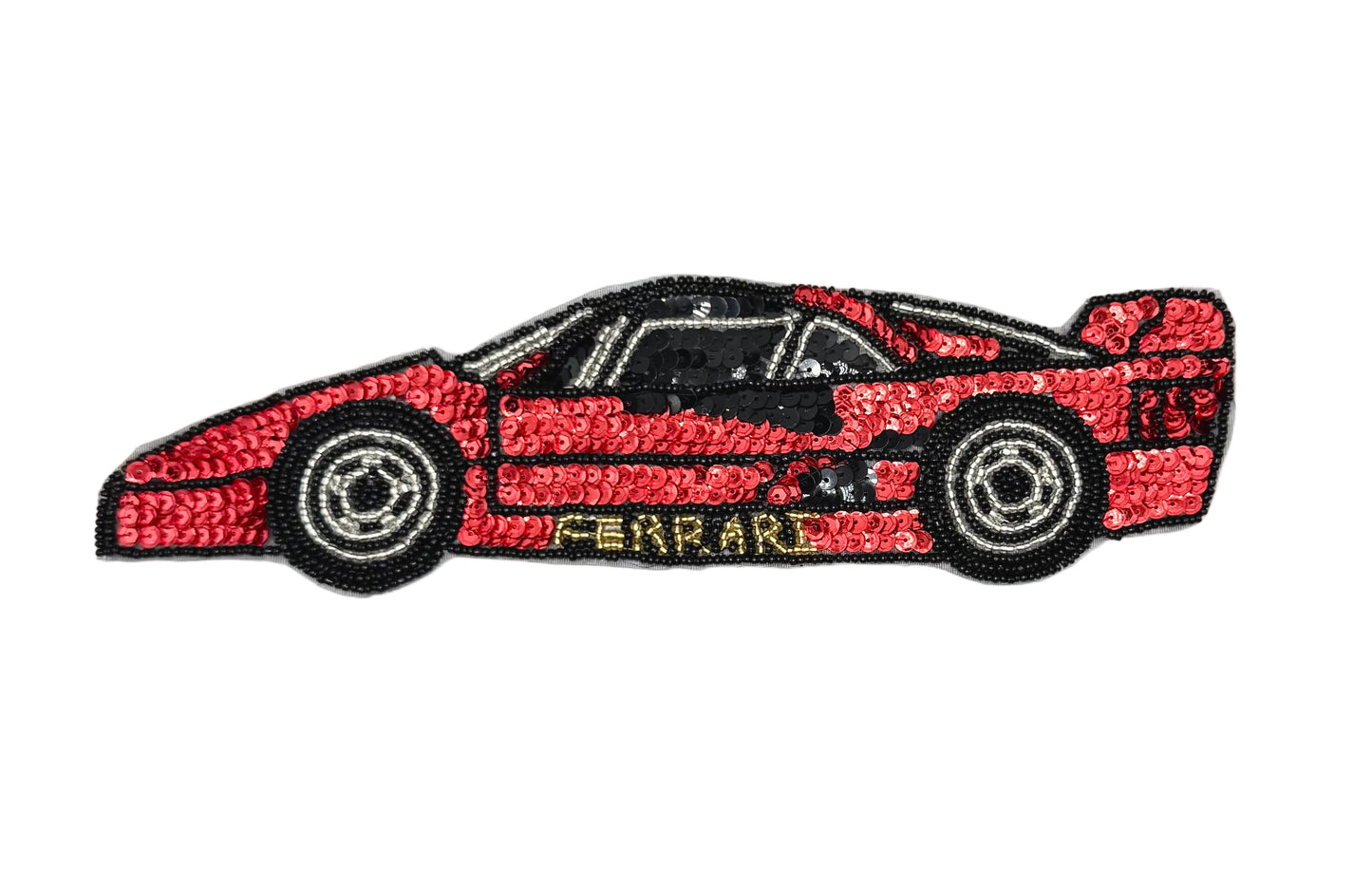 Vintage sequin Red Ferrari car patch on a white background
