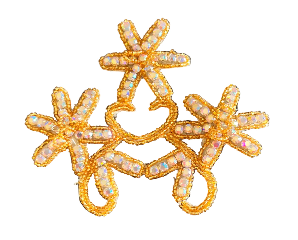Gold Beaded Rhinestone Flower Appliqué – 5.5" x 4.5"