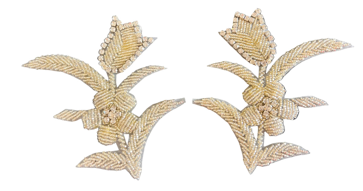 Silver Beaded Flower Pair Appliqué with Rhinestones, 5.5 x 5 Inch