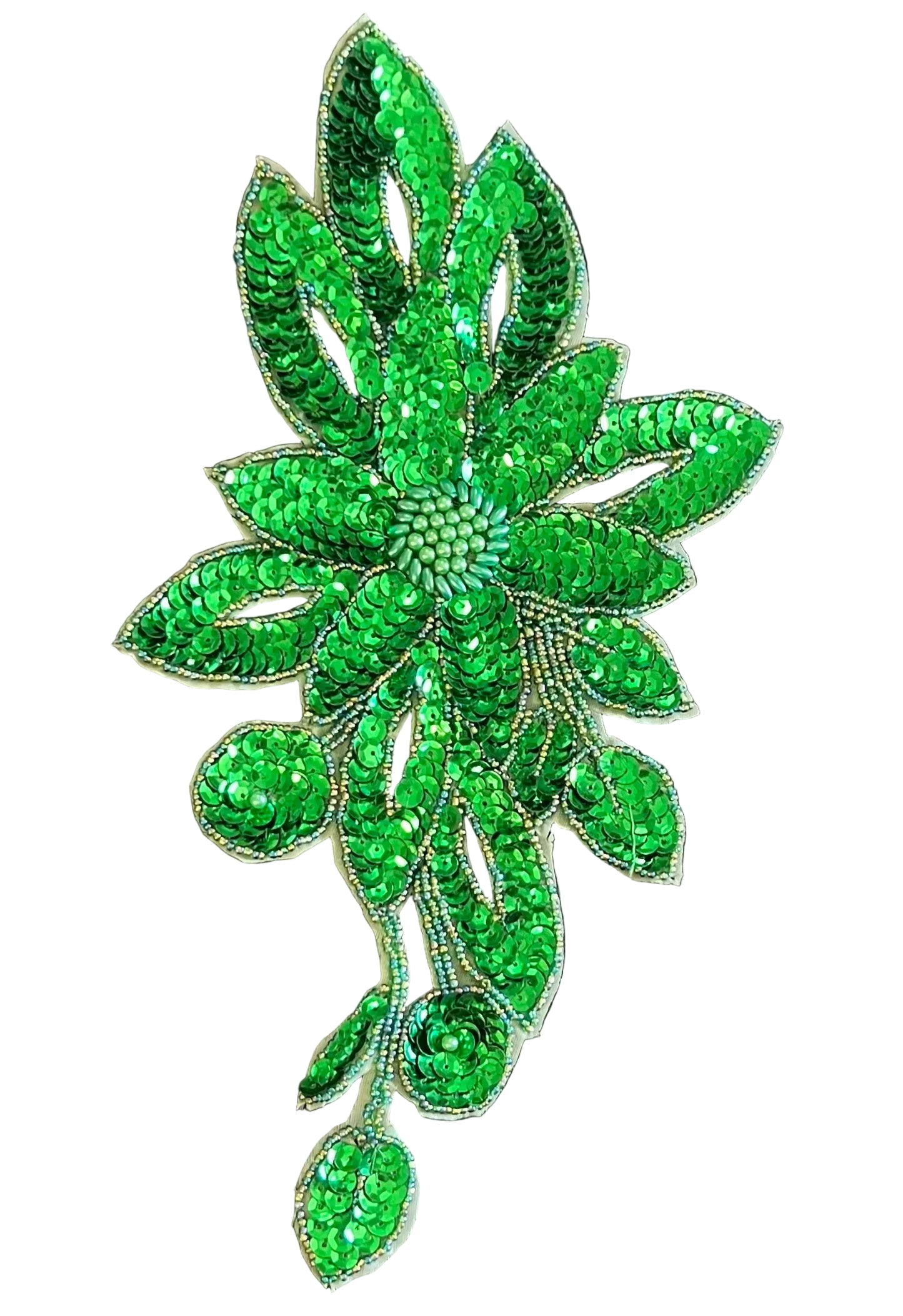 Flor con Lentejuelas Verdes y Cuentas 28 x 15 cm